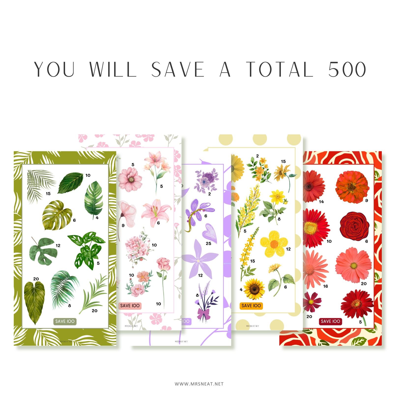 Three plant-themed saving challenge cards with green leaves, pink flowers, and potted plants on a white background.