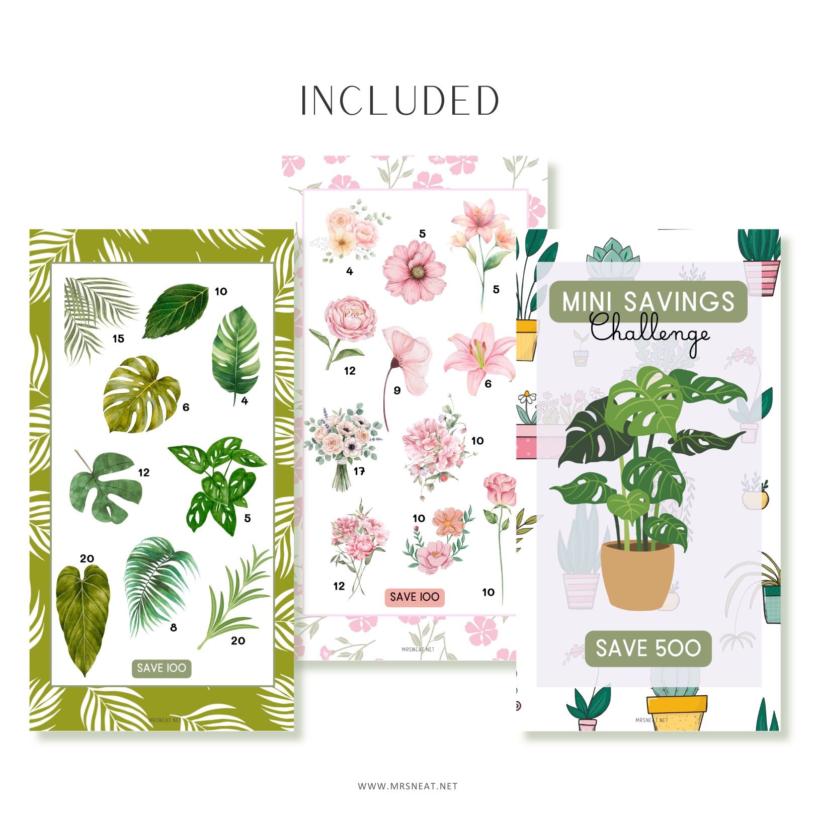 Three plant-themed saving challenge cards with green leaves, pink flowers, and potted plants on a white background.