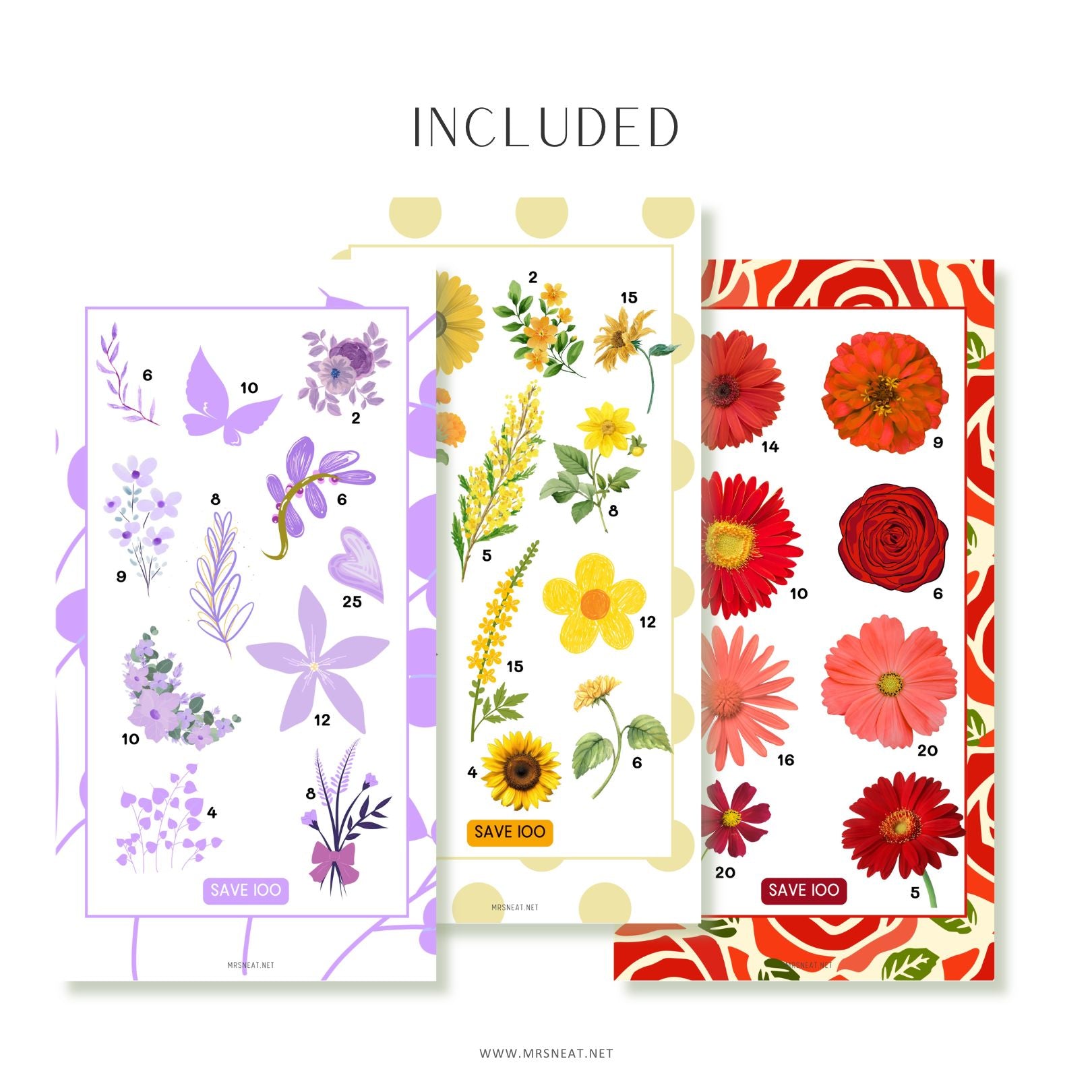 Three plant-themed saving challenge cards with green leaves, pink flowers, and potted plants on a white background.