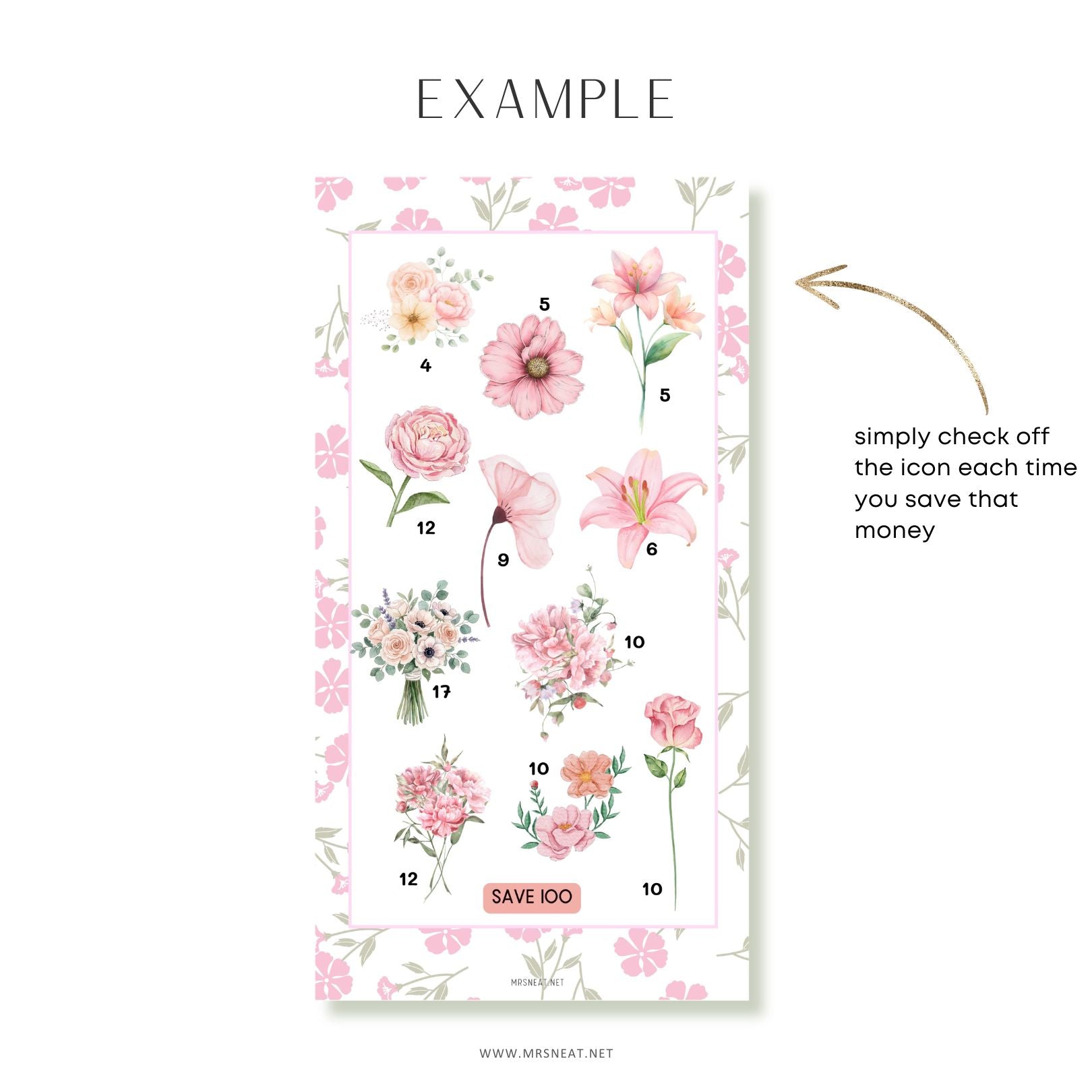 Three plant-themed saving challenge cards with green leaves, pink flowers, and potted plants on a white background.