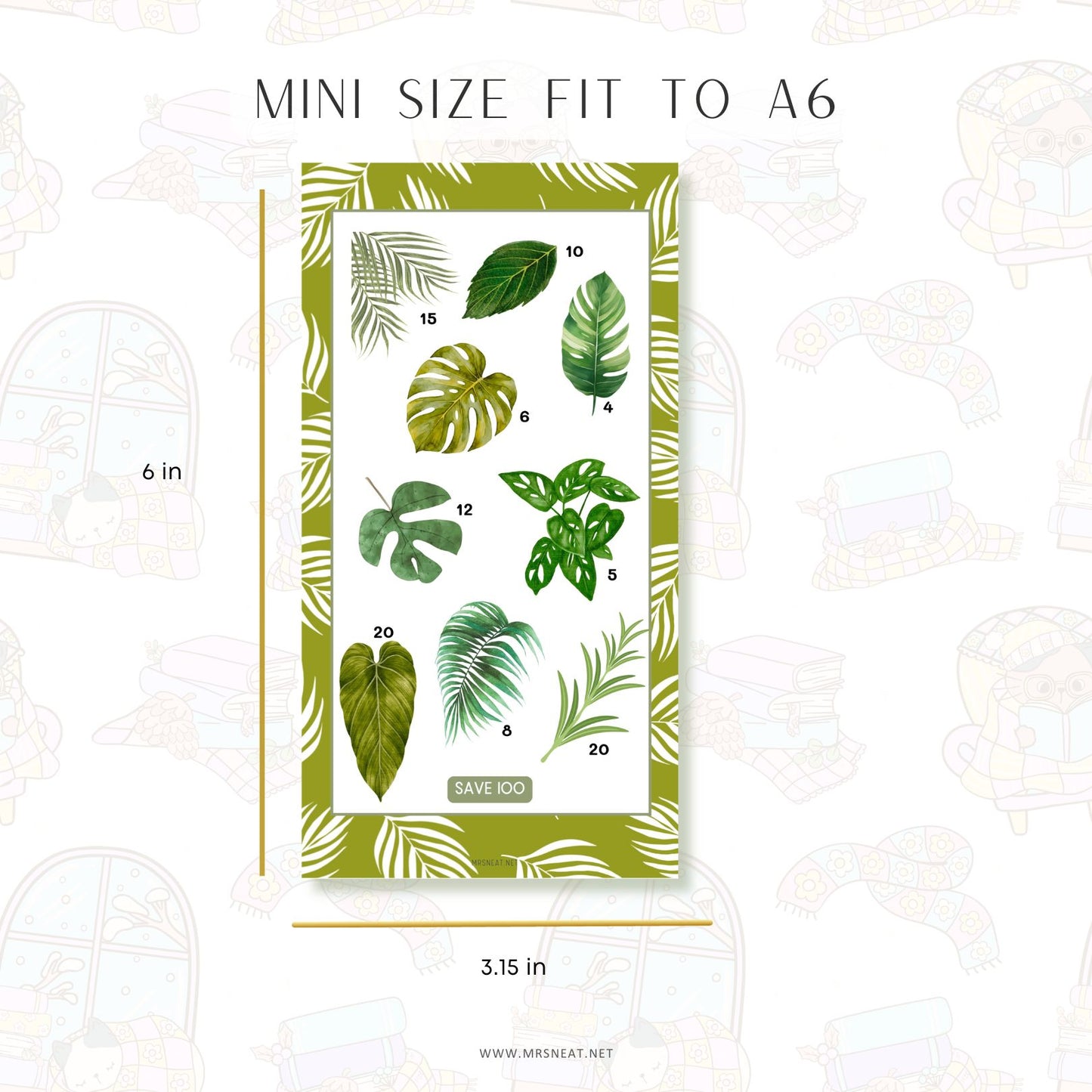 Packaging of tropical leaf designs with size specifications on a white background