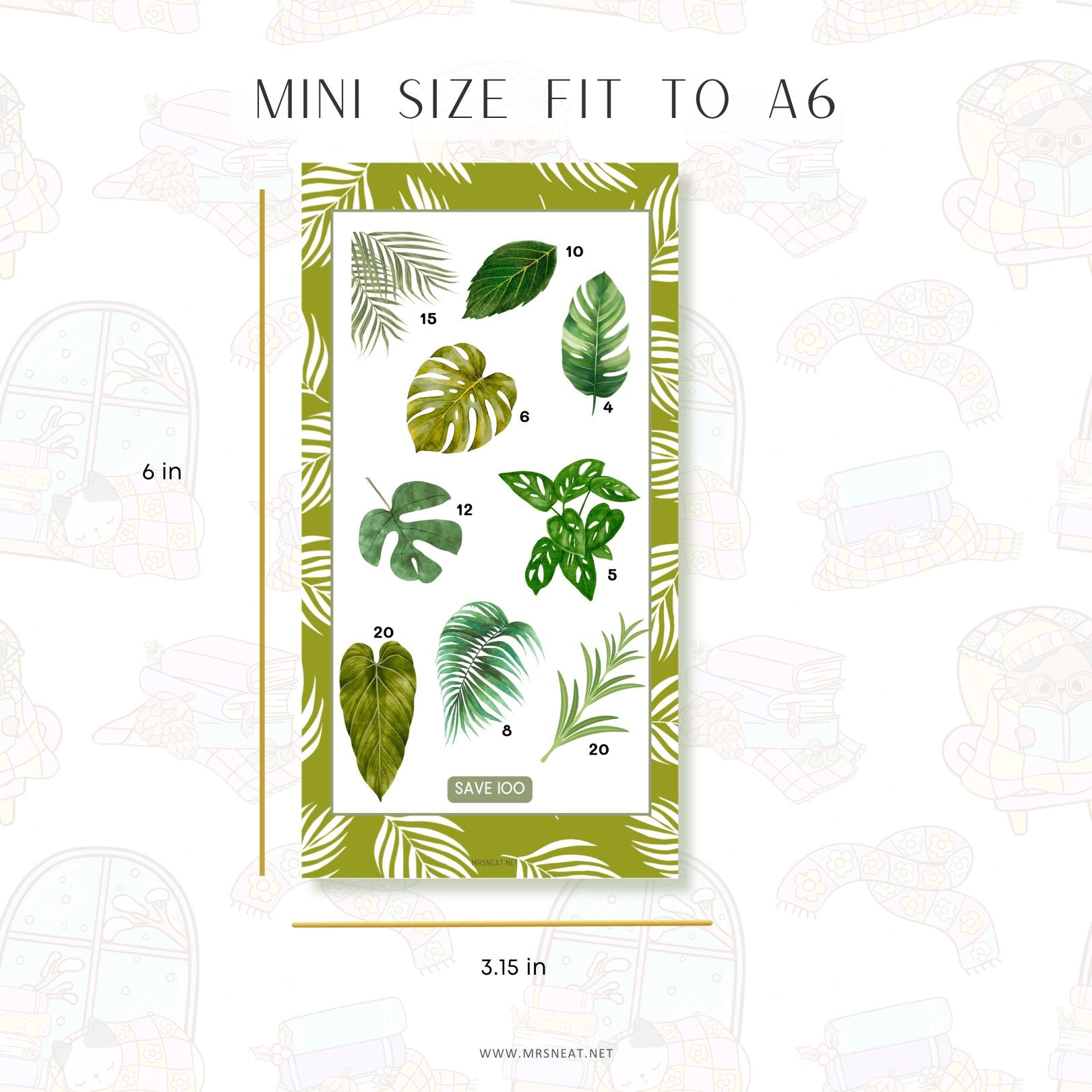 Packaging of tropical leaf designs with size specifications on a white background