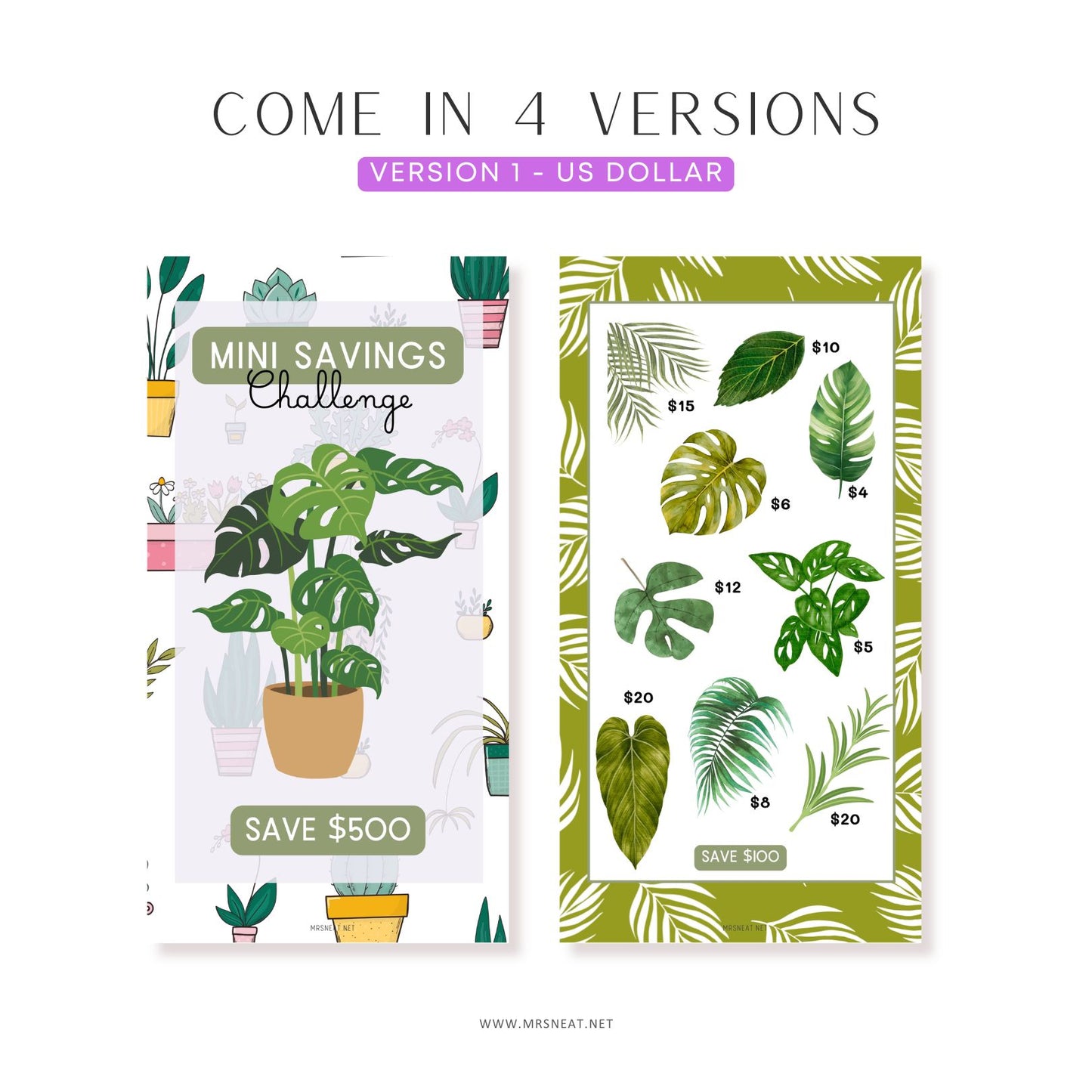 Two saving challenge cards with plant illustrations and text on a white background