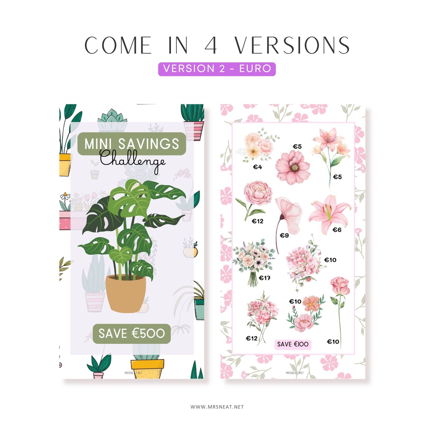 Two saving challenge cards with plant and flower designs on a white background.