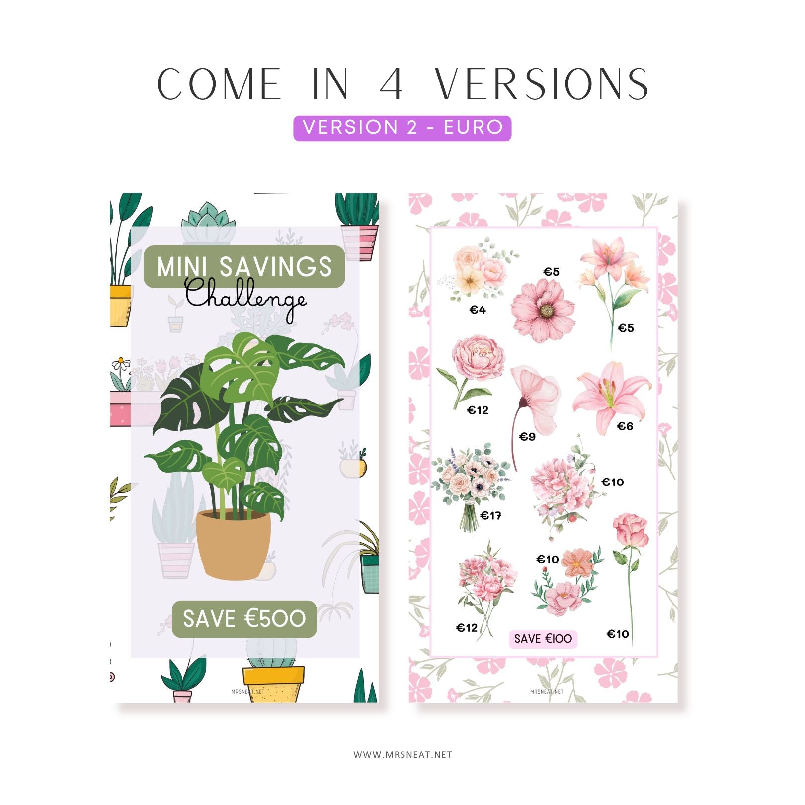 Two saving challenge cards with plant and flower designs on a white background.