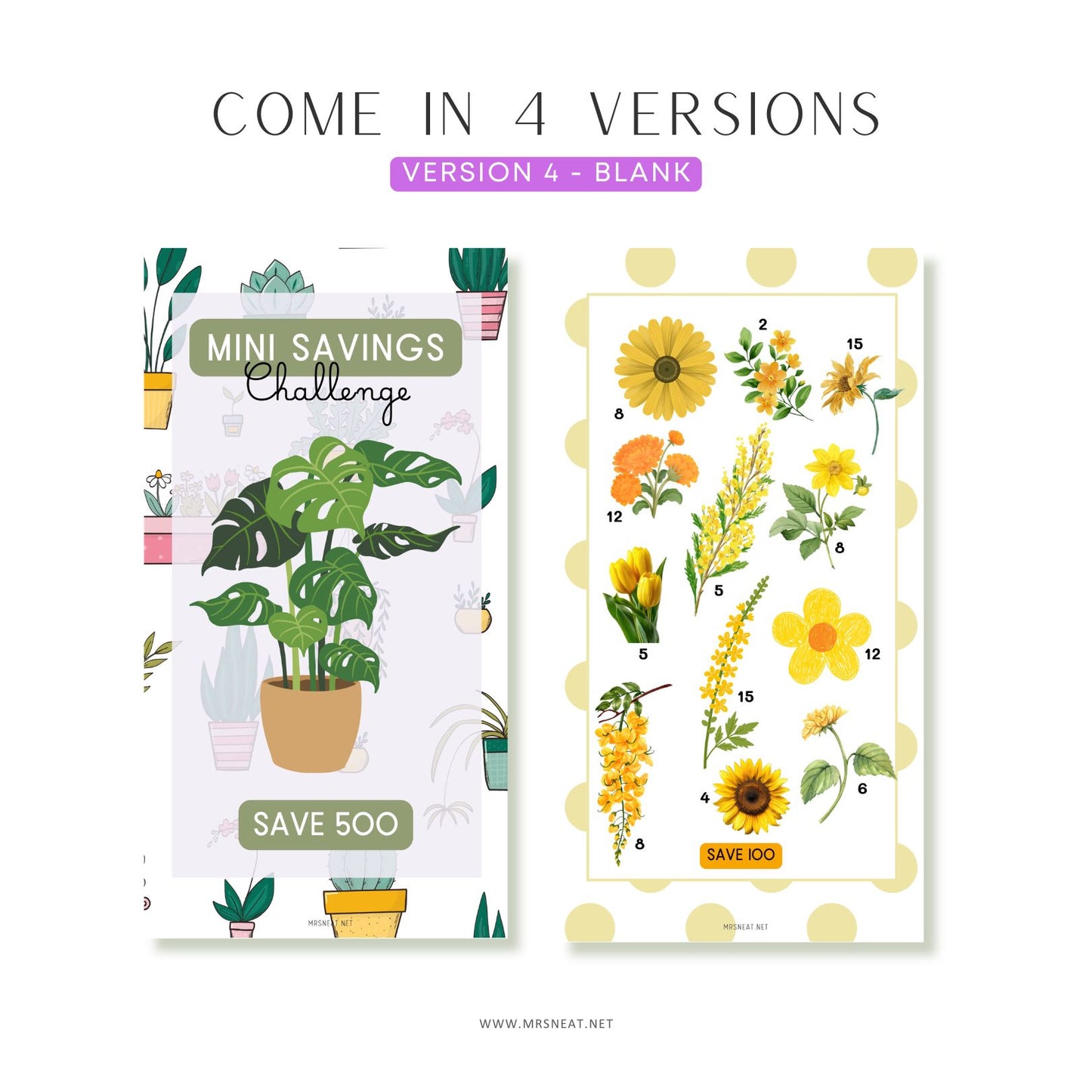 Two saving challenge cards with plant and flower designs on a white background.