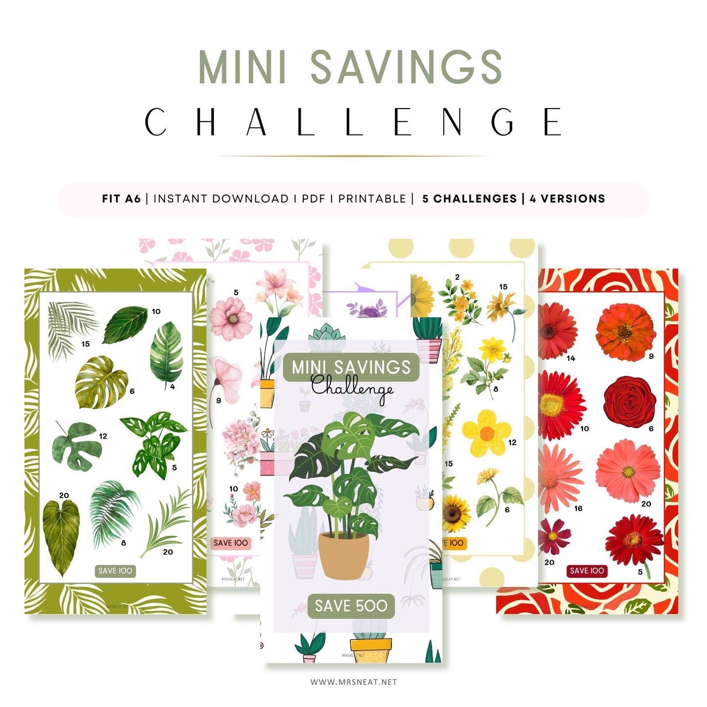 Mini savings challenge planners with floral and plant designs on a white background