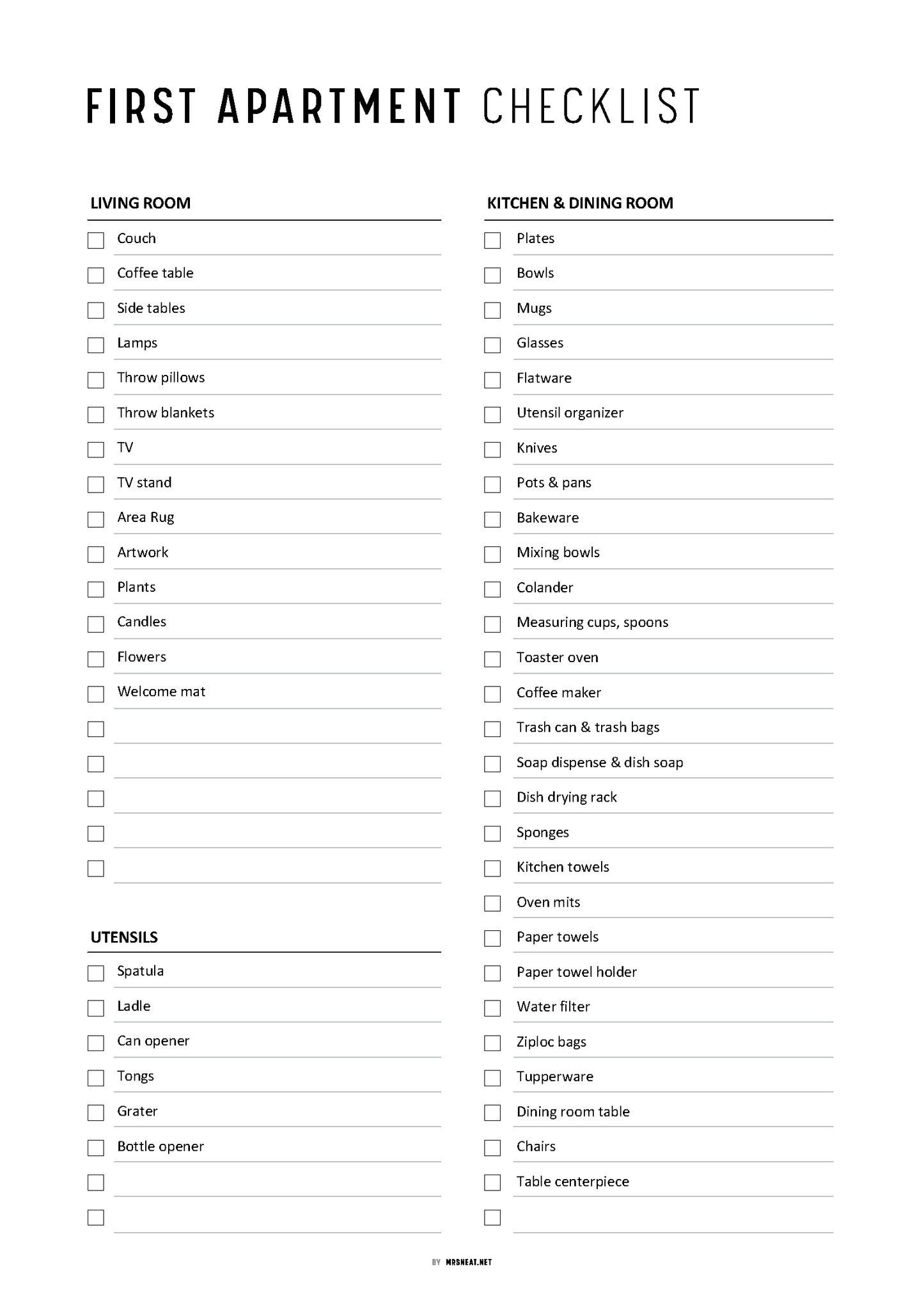 First apartment checklist with a black and white layout