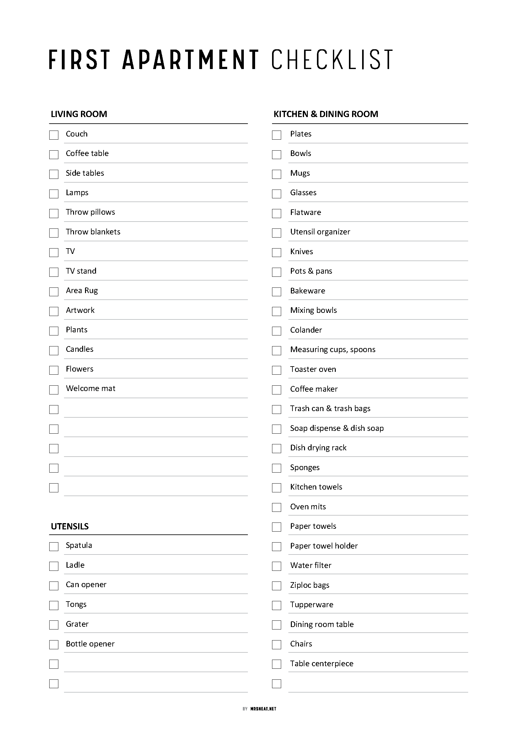 First apartment checklist with a black and white layout