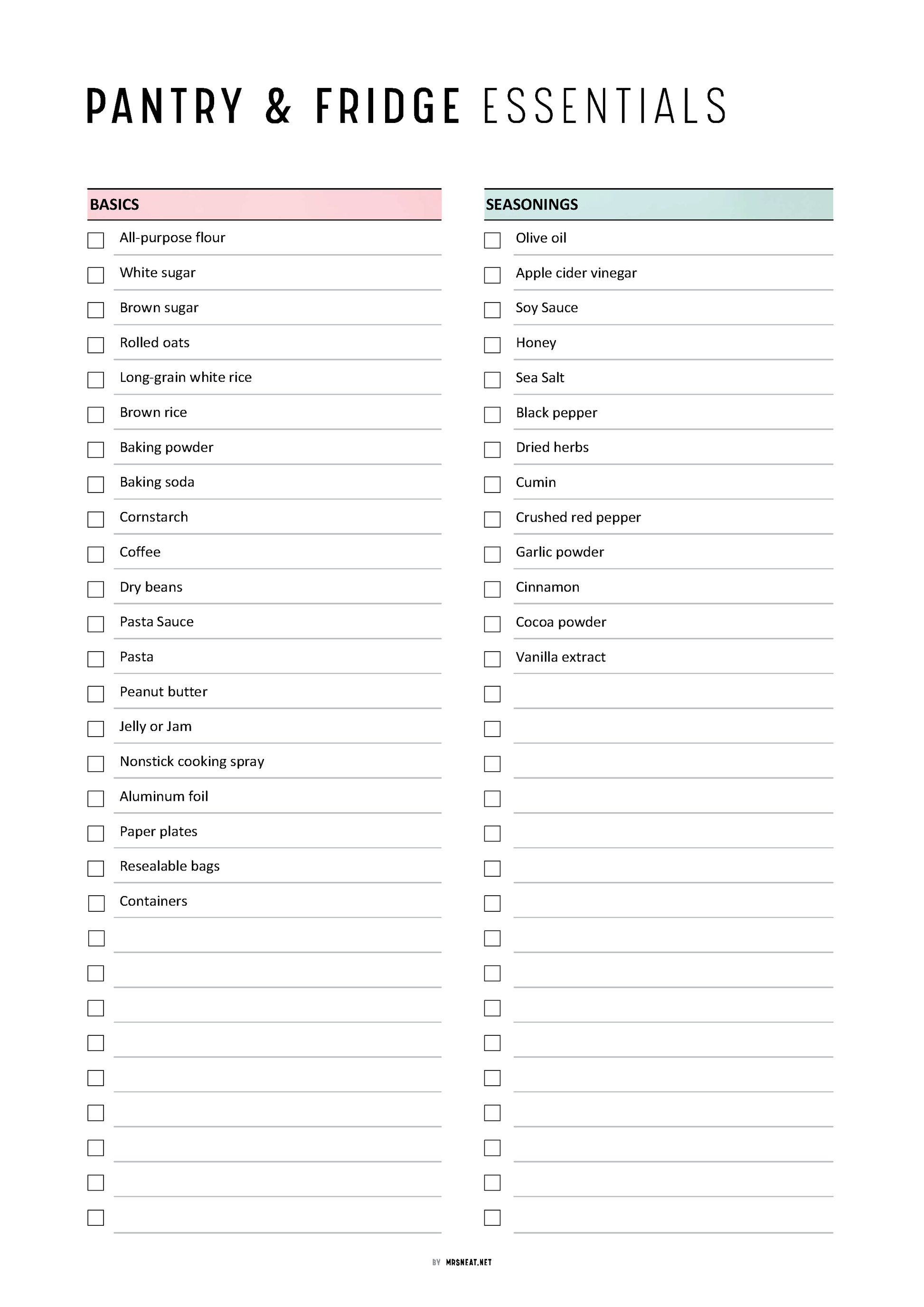 Checklist for pantry and fridge essentials with a white background
