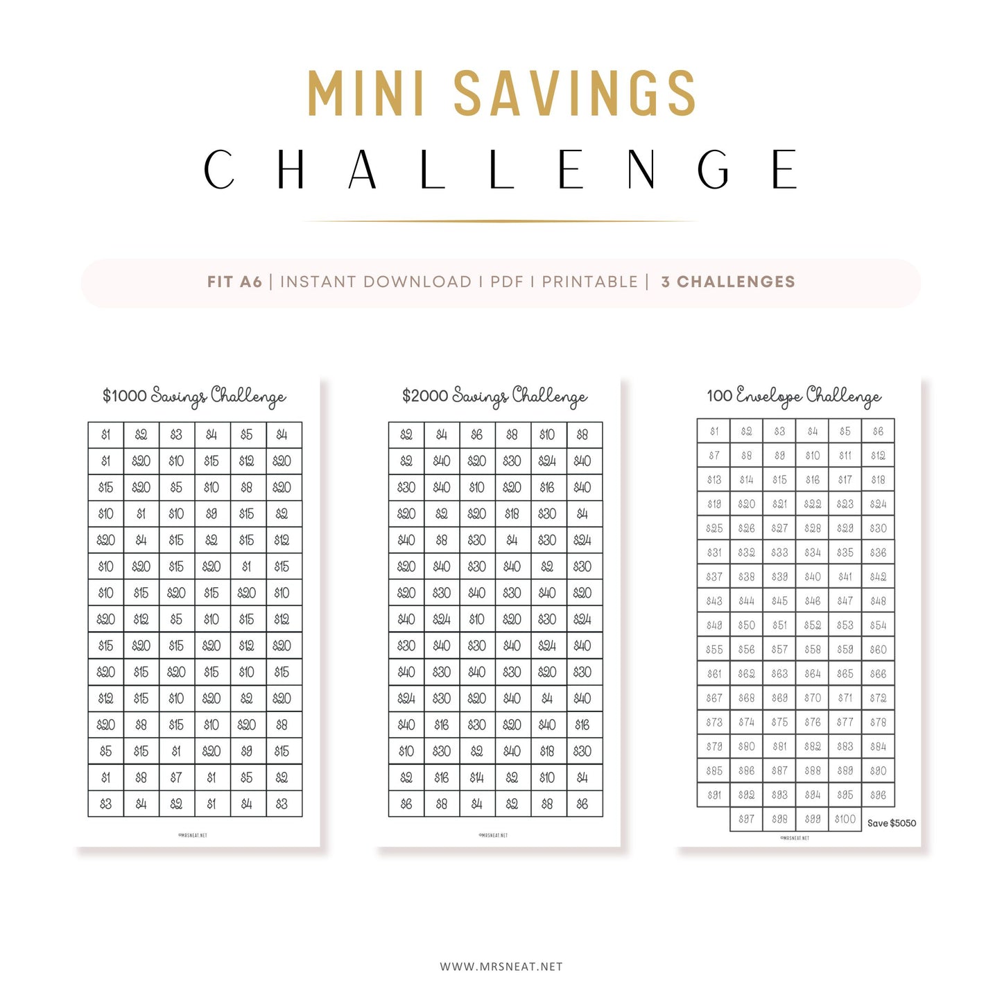 Printable 2000, 1000 Dollar Savings Challenge & 100 Envelope Challenge, Fit A6 Size, 3 Challenges in One Sheet, Instant Download, Digital Download