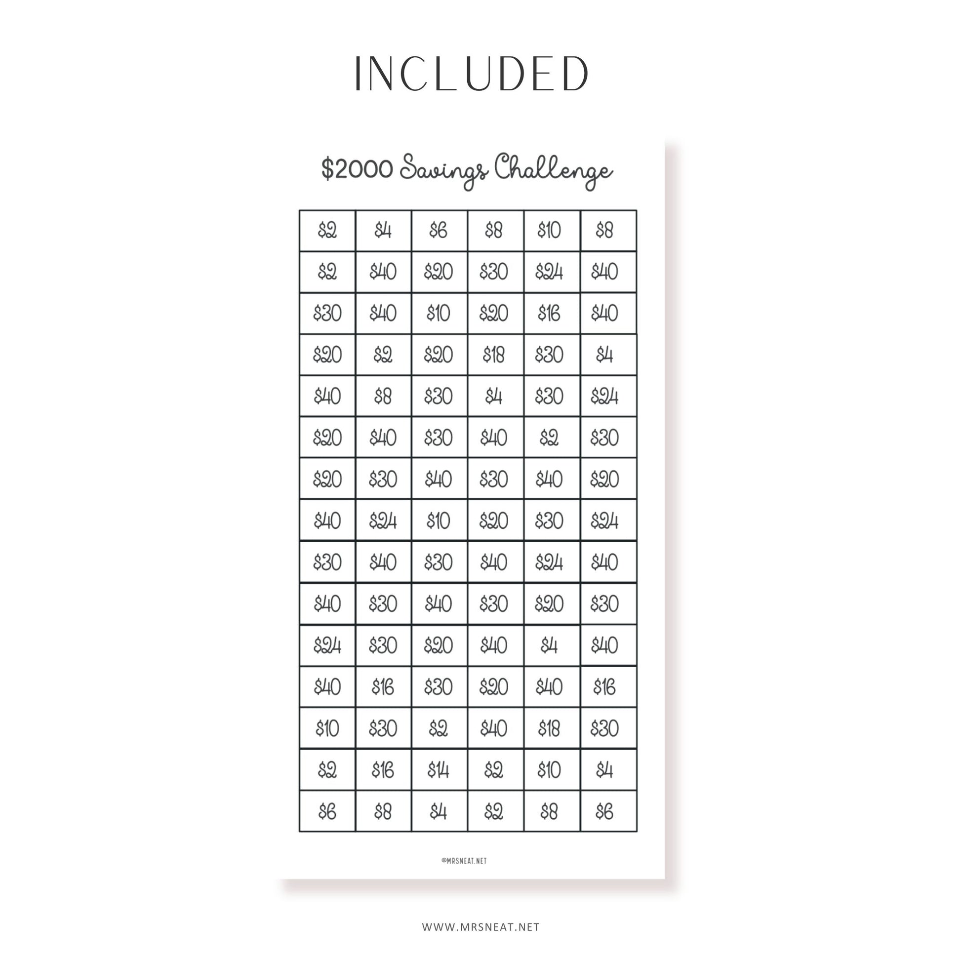 Printable 2000, 1000 Dollar Savings Challenge & 100 Envelope Challenge, Fit A6 Size, 3 Challenges in One Sheet, Instant Download, Digital Download