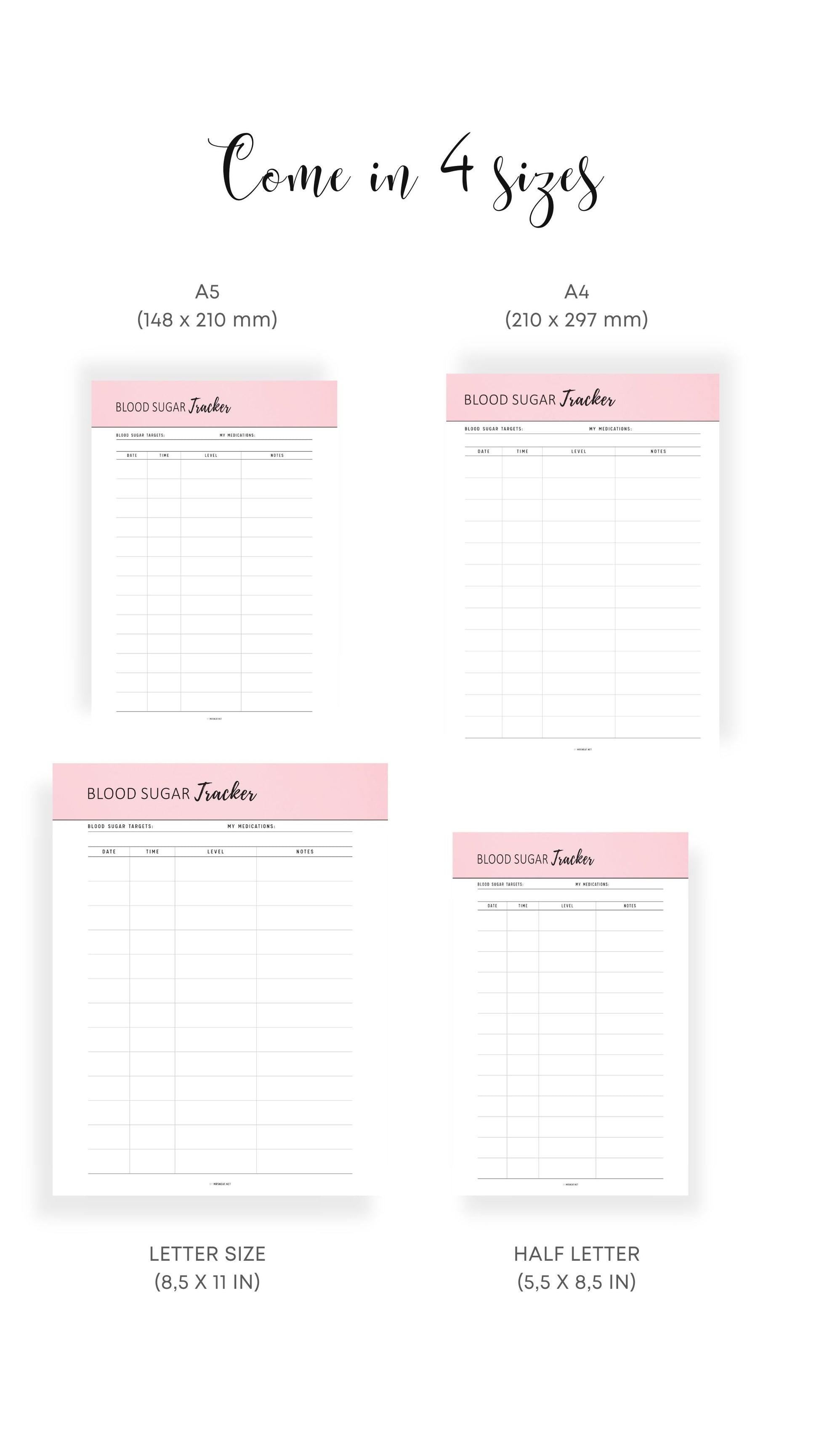 A4, A5, Letter, Half Letter Printable Blood Sugar Tracker Template