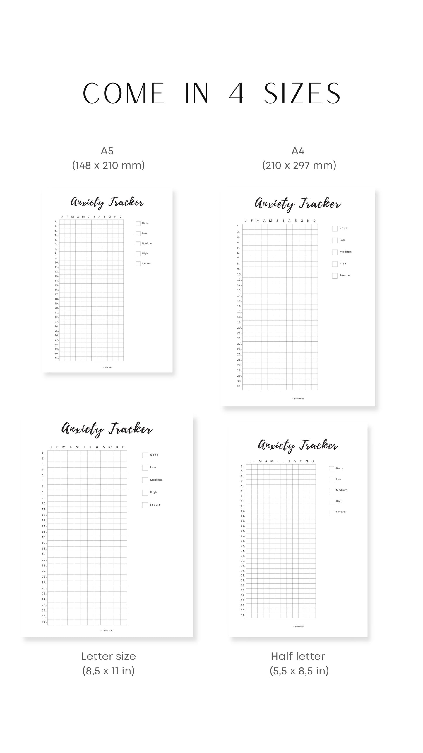 A4, A5, Letter, Half Letter Anxiety Tracker Printable Insert