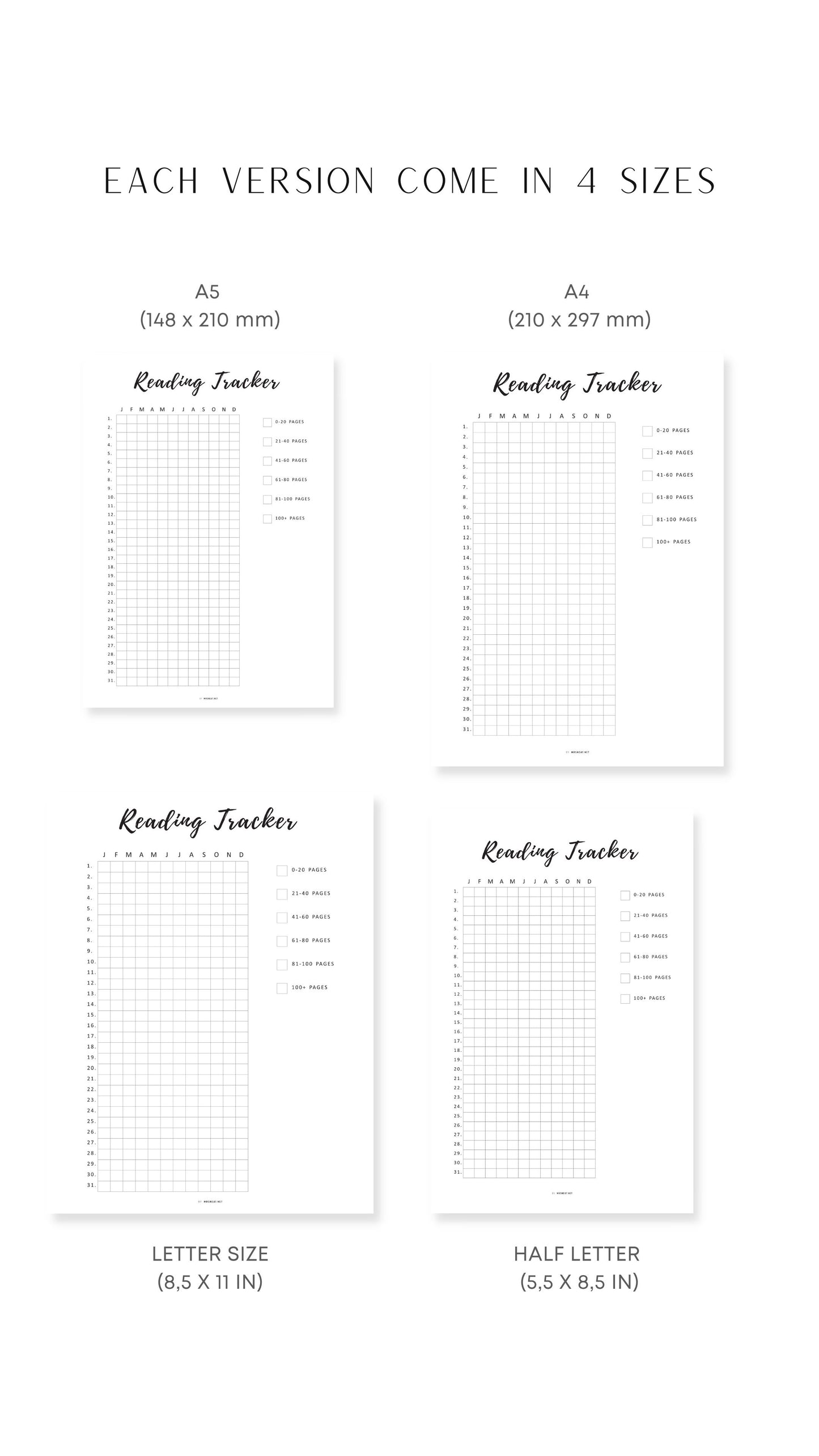 A4, A5, Letter, Half Letter Printable Reading Tracker One Year Template