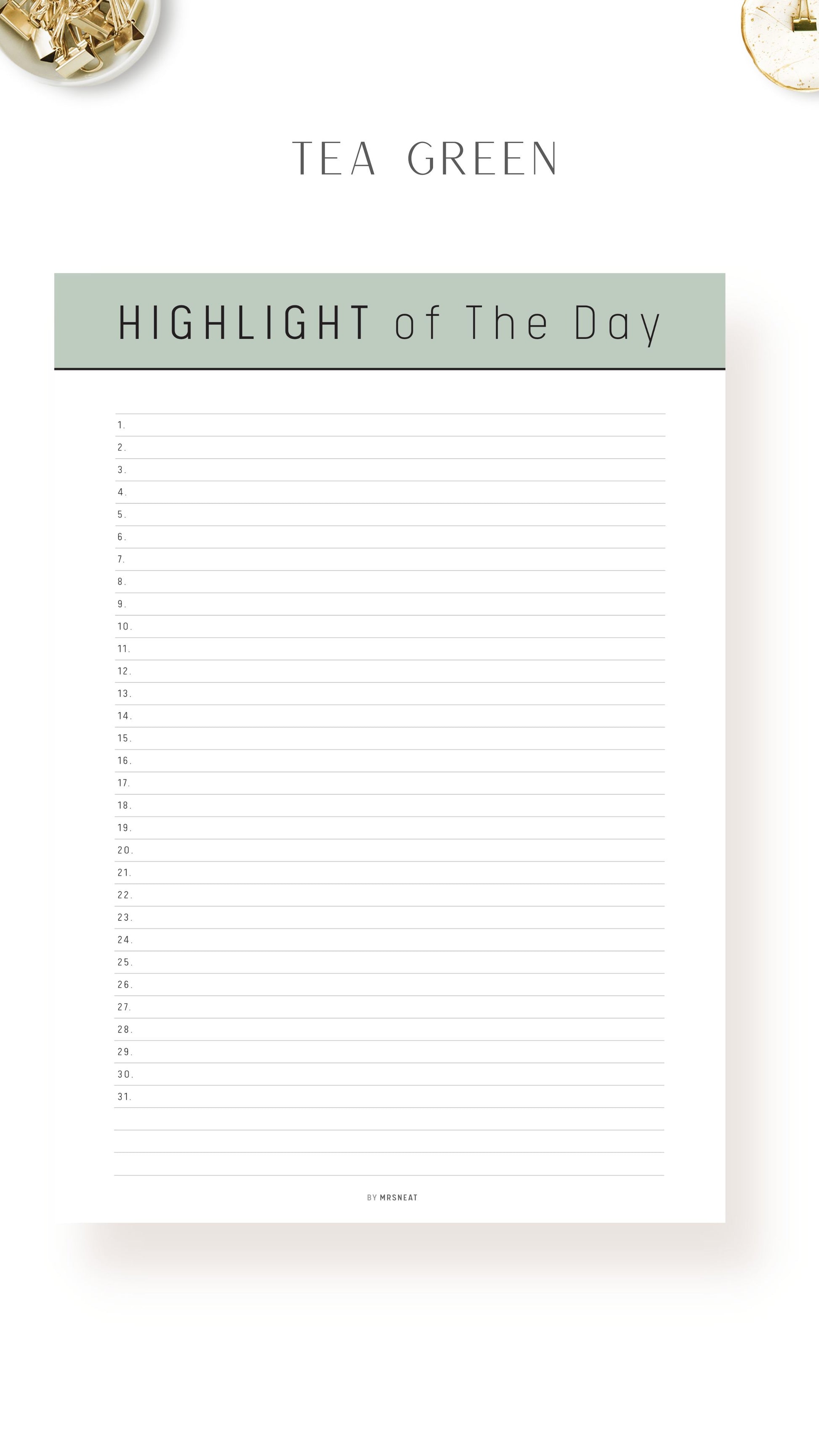 Tea Green Printable Highlight of The Day Template