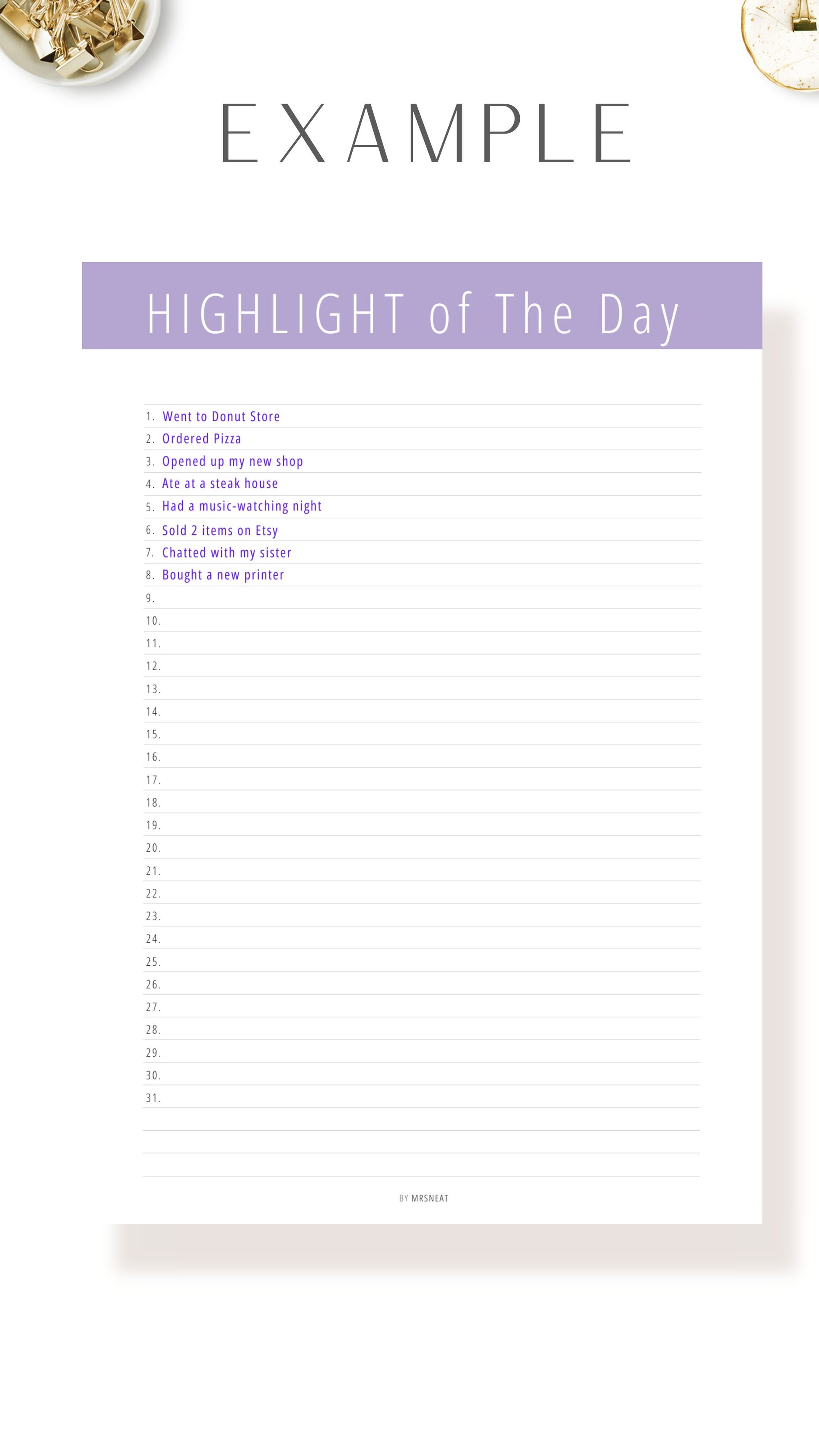 Example of Printable Highlight of The Day Template