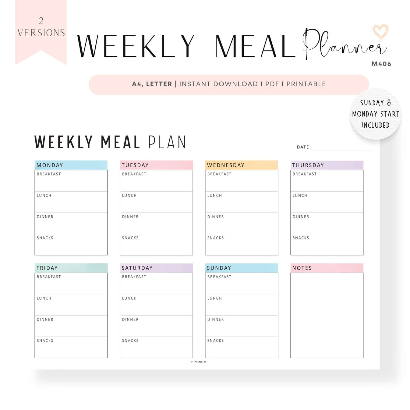Printable Weekly Meal Planner Landscape - M406 – mrsneat
