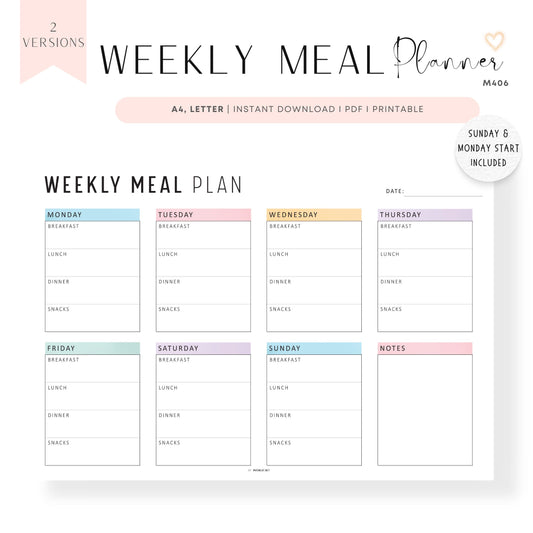 Printable Weekly Meal Planner Landscape, Colorful and Minimalist Style, A4, Letter, Sunday and Monday Start Options Included
