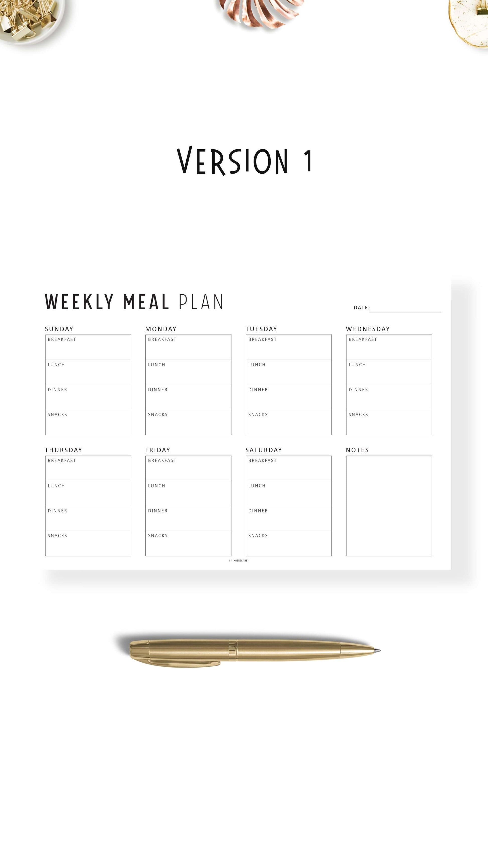 Printable Weekly Meal Planner Landscape, Colorful and Minimalist Style, A4, Letter, Sunday and Monday Start Options Included