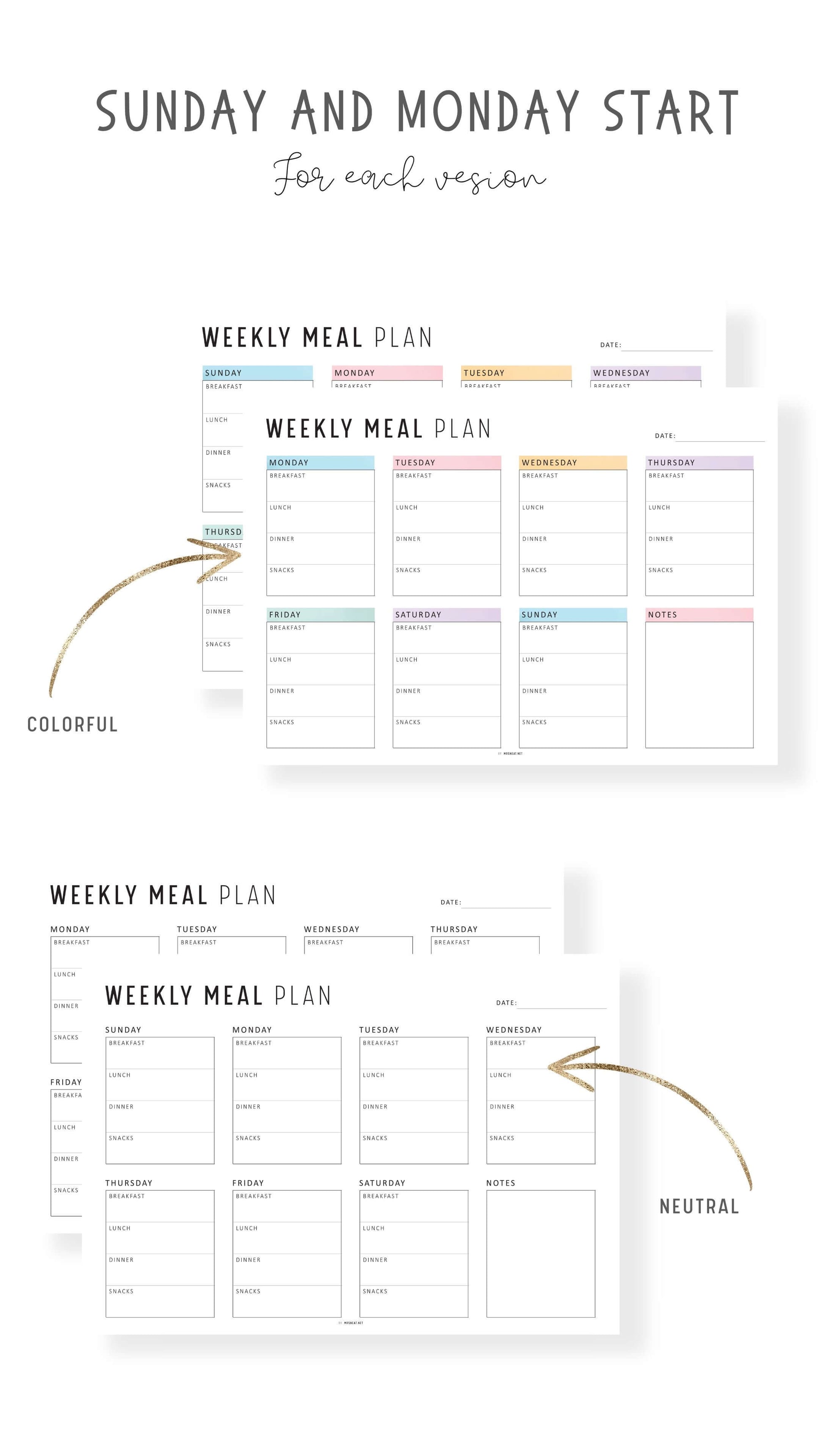 Printable Weekly Meal Planner Landscape, Colorful and Minimalist Style, A4, Letter, Sunday and Monday Start Options Included