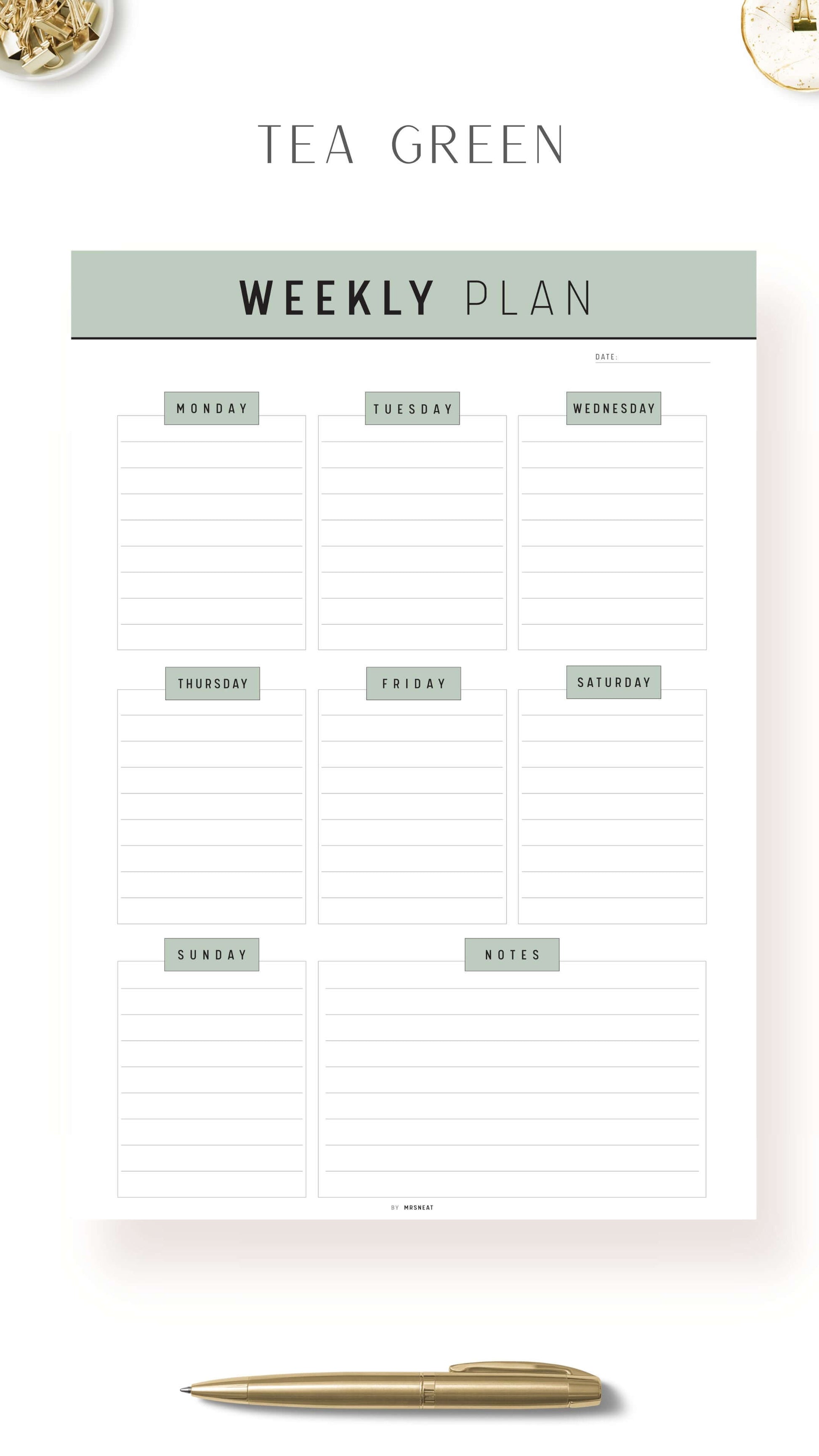 Tea Green Printable Weekly Planner Template Pdf