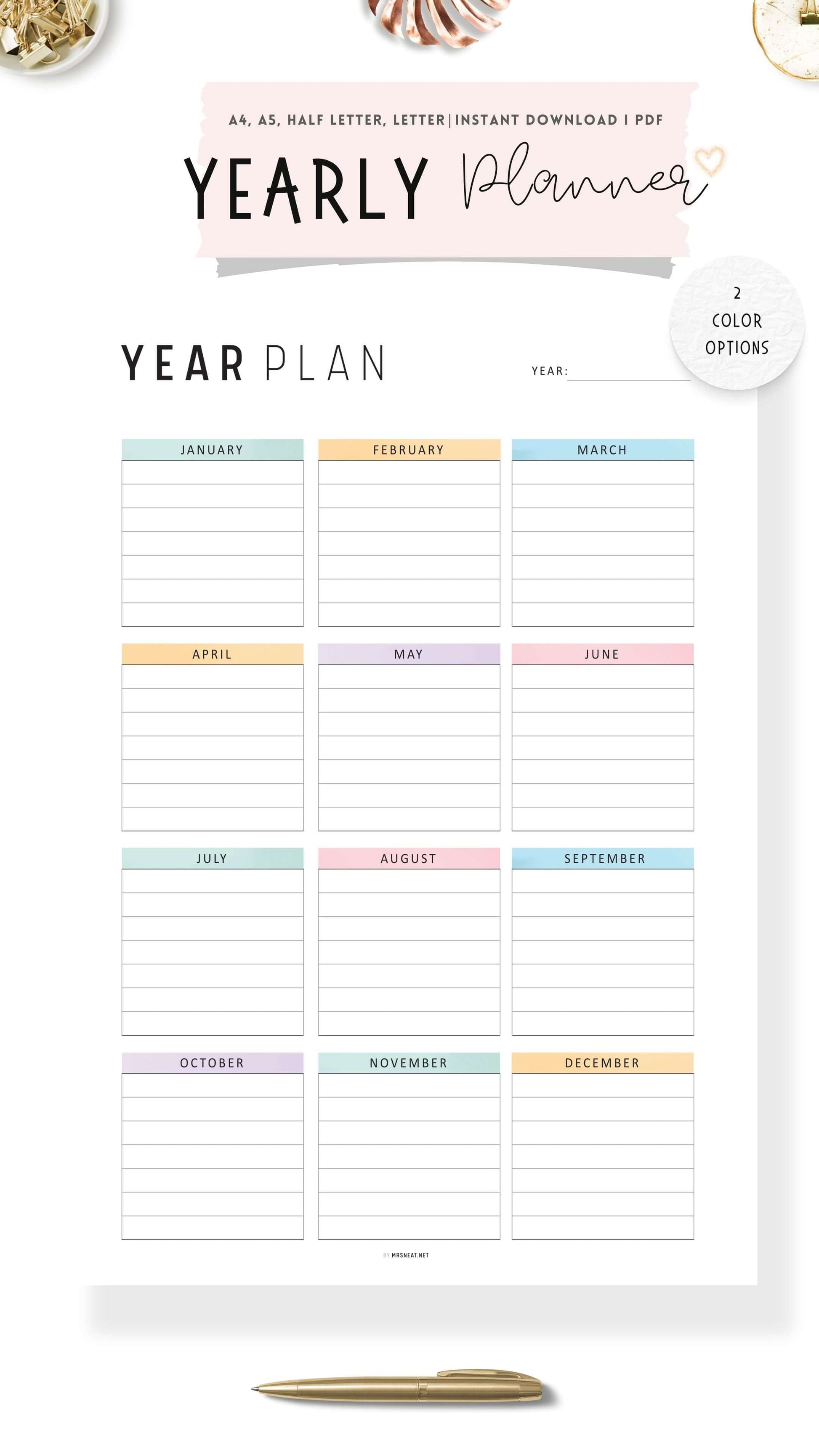 Printable Yearly Planner Template, Minimalist and Colorful Style, A4, Letter, Half Letter, PDF, Digital Planner