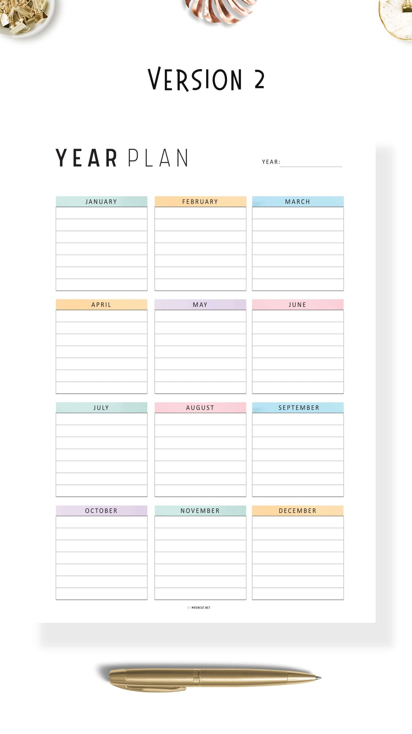 Printable Yearly Planner Template, Minimalist and Colorful Style, A4, Letter, Half Letter, PDF, Digital Planner