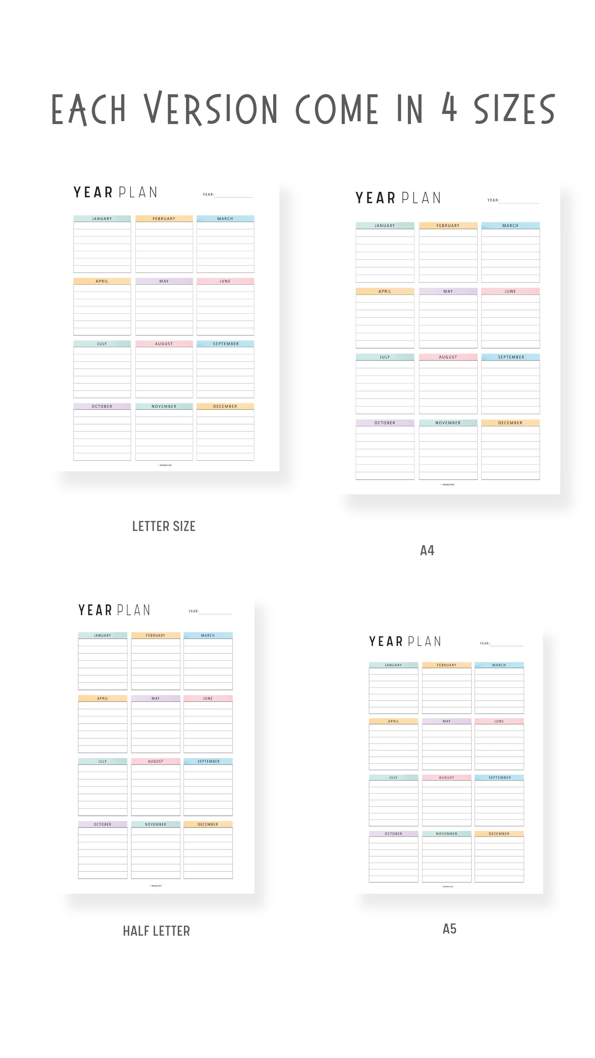 Printable Yearly Planner Template, Minimalist and Colorful Style, A4, Letter, Half Letter, PDF, Digital Planner