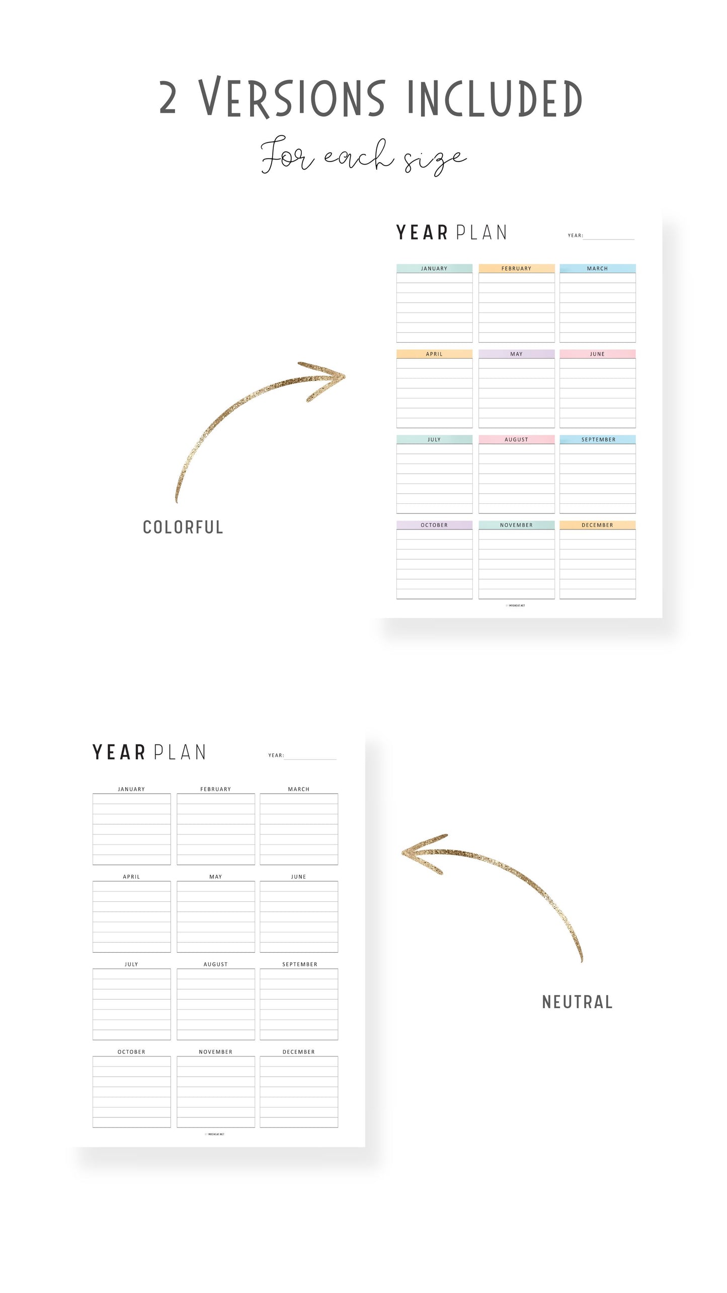 Printable Yearly Planner Template, Minimalist and Colorful Style, A4, Letter, Half Letter, PDF, Digital Planner
