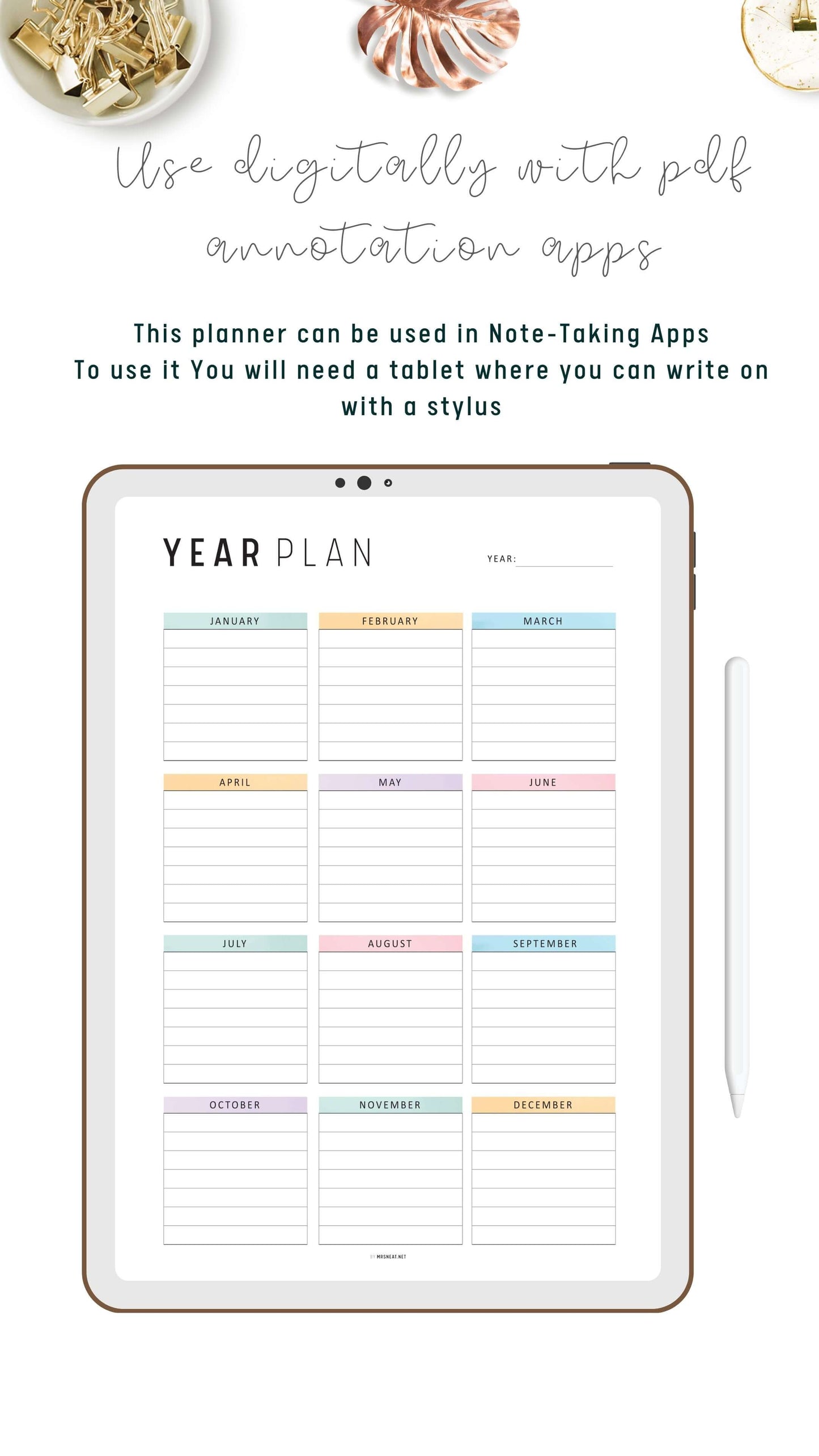 Printable Yearly Planner Template, Minimalist and Colorful Style, A4, Letter, Half Letter, PDF, Digital Planner