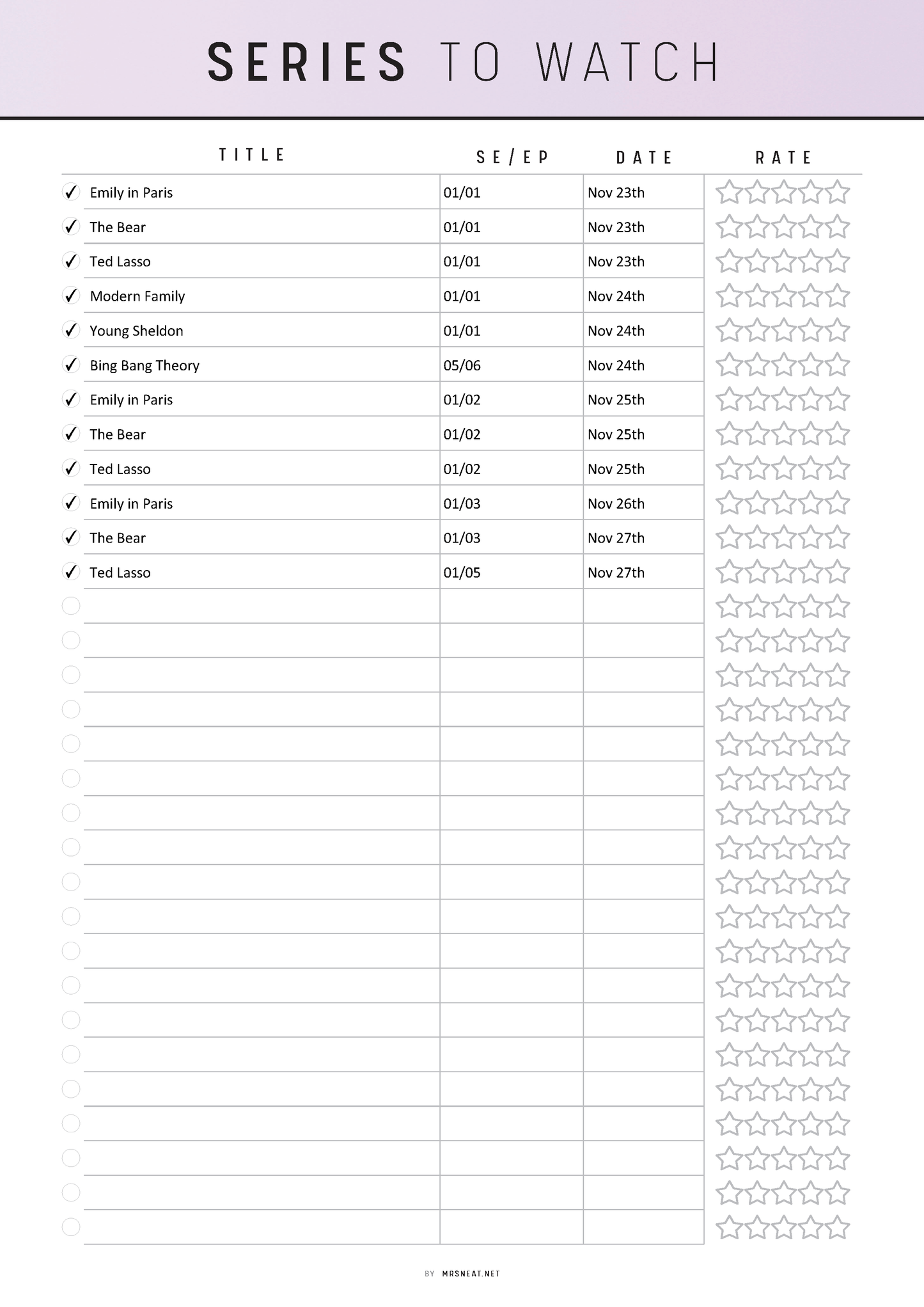 Fillable Series To Watch Template Printable, Movie Series To Watch List, PDF, A4, A5, Letter, Half Letter, 6 colors