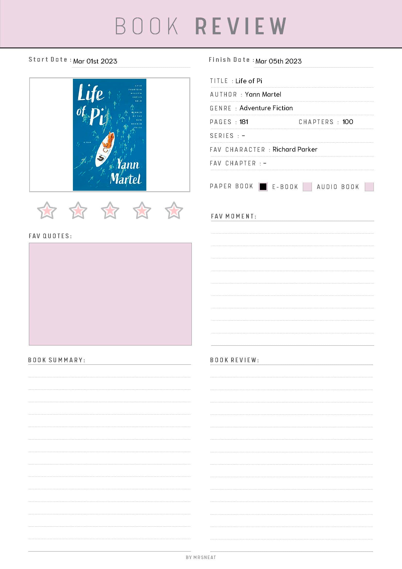 Fillable Book Review Planner, Digital Book Review, Book Review Page, Reading Tracker, 5 Colors, 2 Versions, A4 A5 Half Letter Letter, PDF