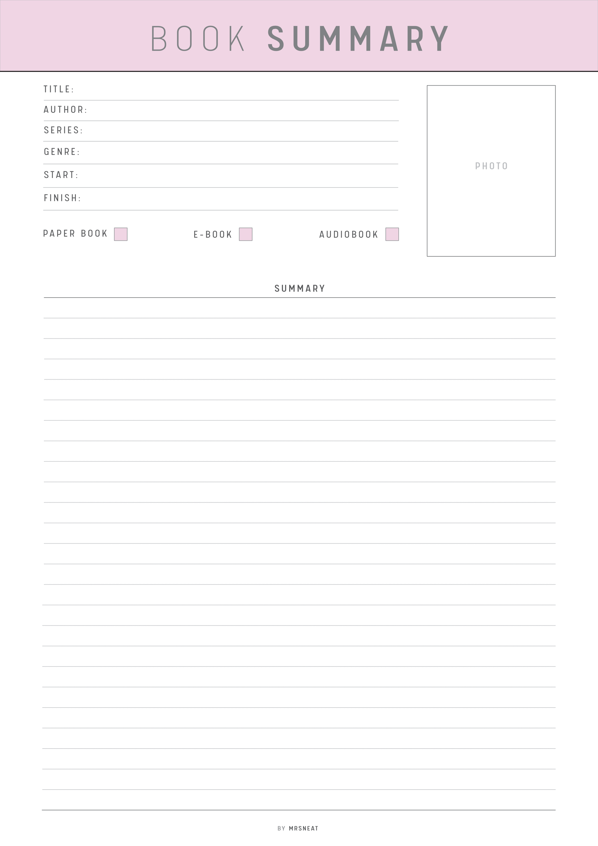 Blank book summary form with fields for title, author, series, genre, start, finish, paper/book, e-book, audiobook, and summary.