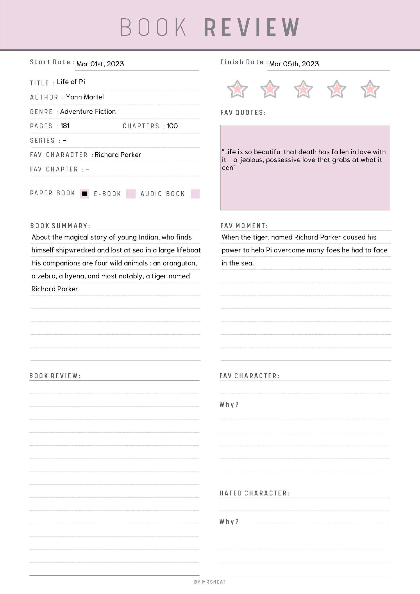 Fillable Book Review Planner, Digital Book Review, Book Review Page, Reading Tracker, 5 Colors, 2 Versions, A4 A5 Half Letter Letter, PDF