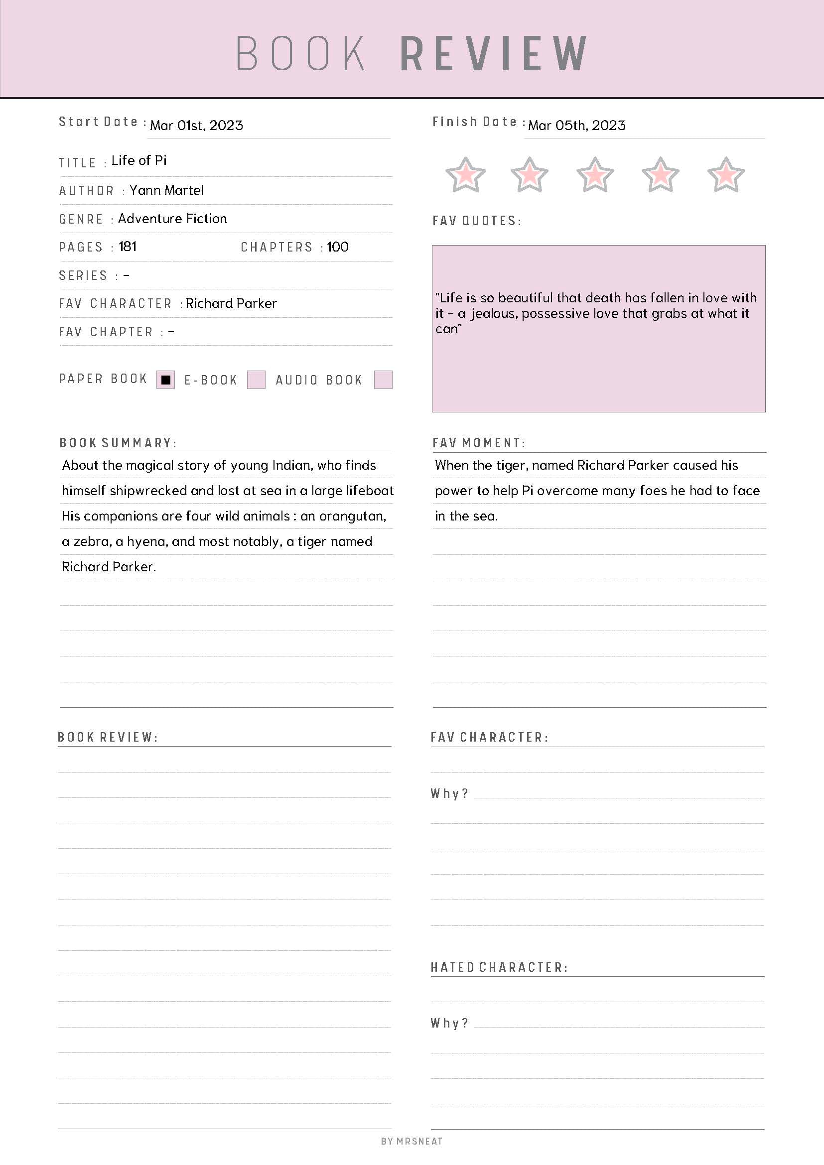 Fillable Book Review Planner, Digital Book Review, Book Review Page, Reading Tracker, 5 Colors, 2 Versions, A4 A5 Half Letter Letter, PDF