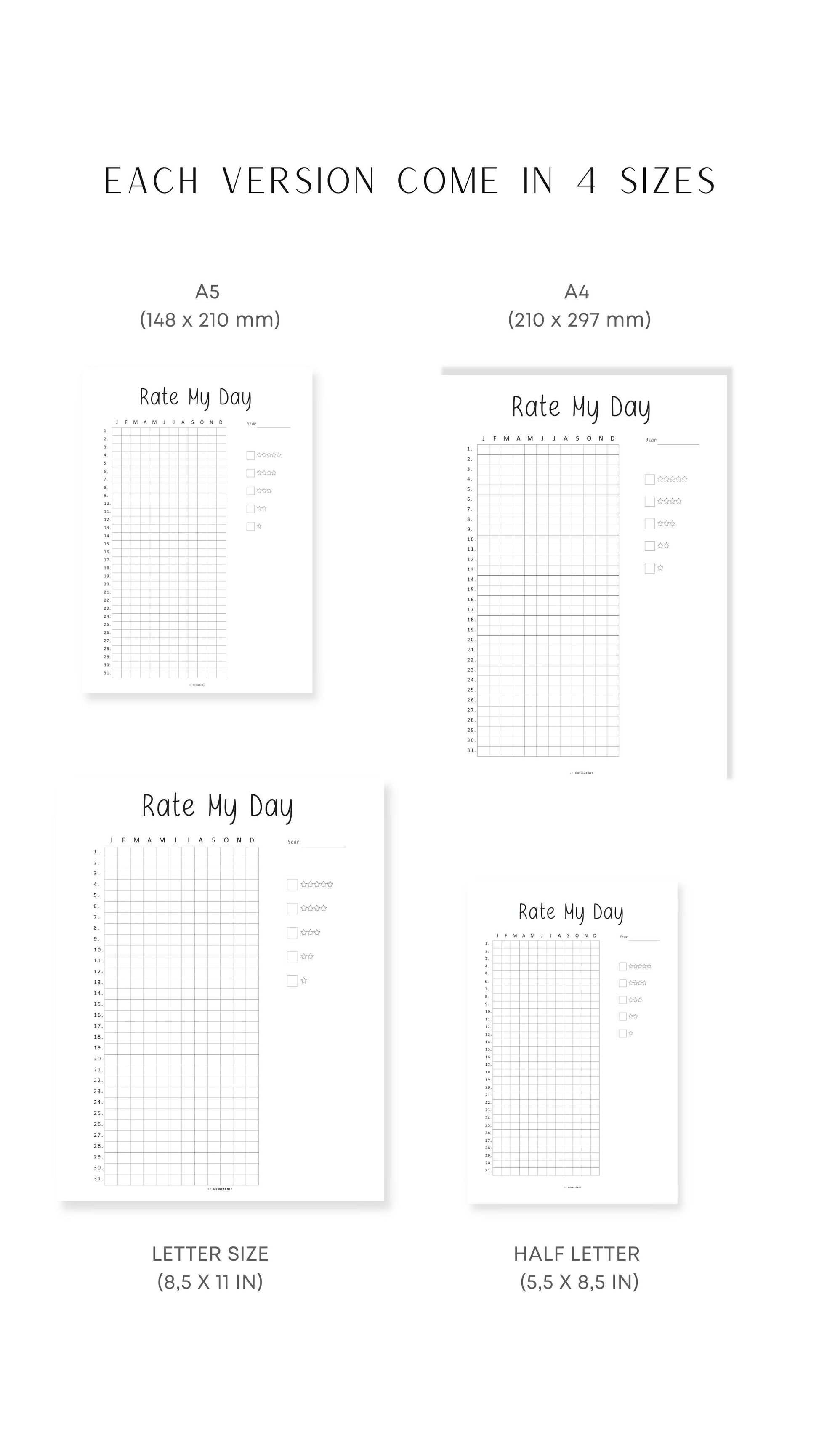 A4, A5, Letter, Half Letter rate my day journal PDF