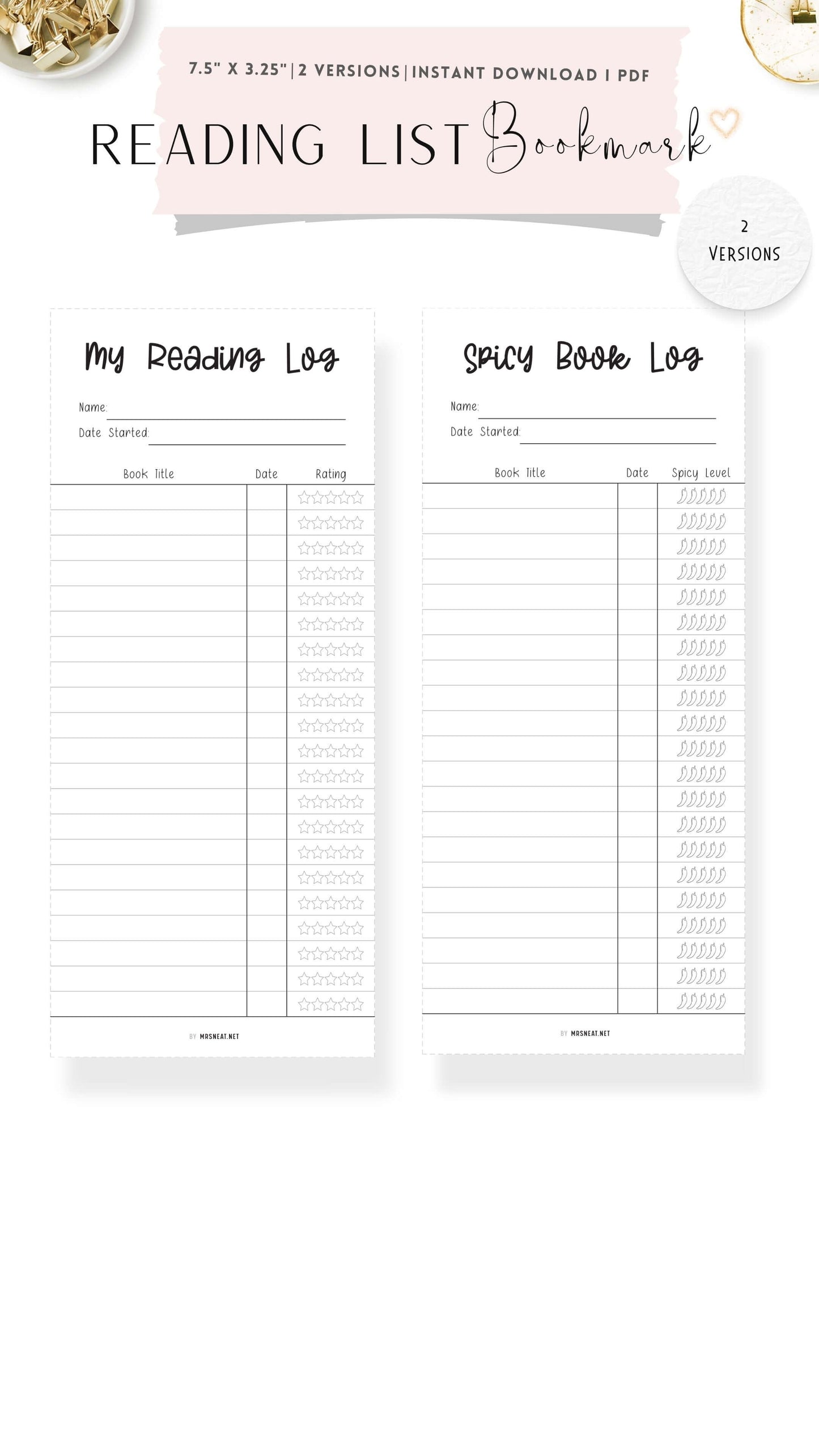 Reading List and Spicy Reading Log Bookmark Printable, Minimalist Bookmark Reading Tracker