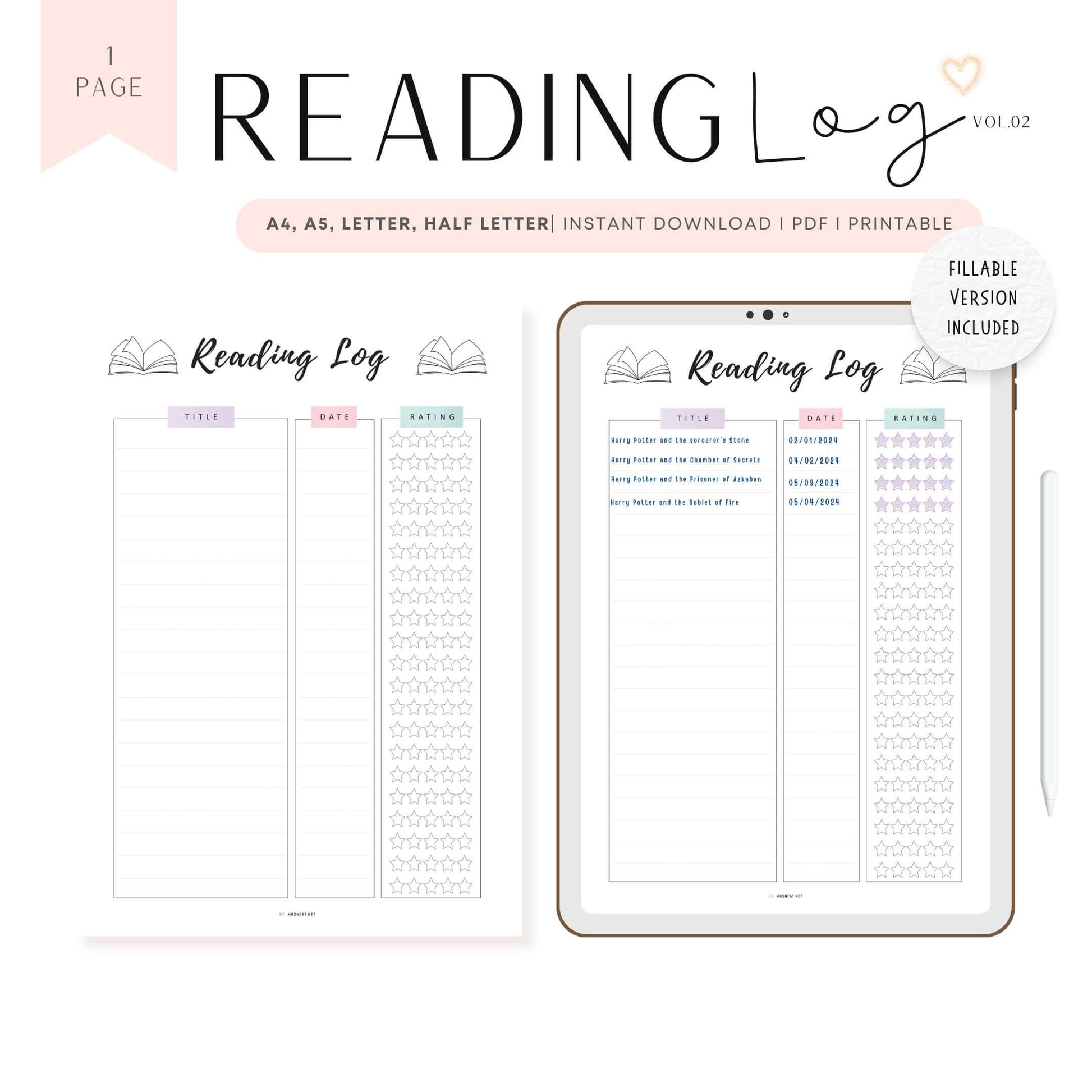 reading-log-template-printable-vol-02-m434-mrsneat for Free Printable Reading Log Pdf Reading Log Template Printable Vol.02 - M434 – mrsneat for Free Printable Reading Log Pdf