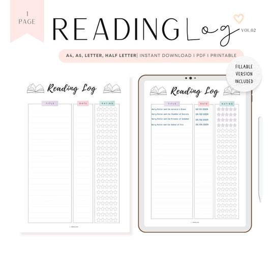 Reading Log Template Printable Vol.02, Colorful Page, A4, A5, Letter, Half Letter, Digital Planner, Fillable version PDF