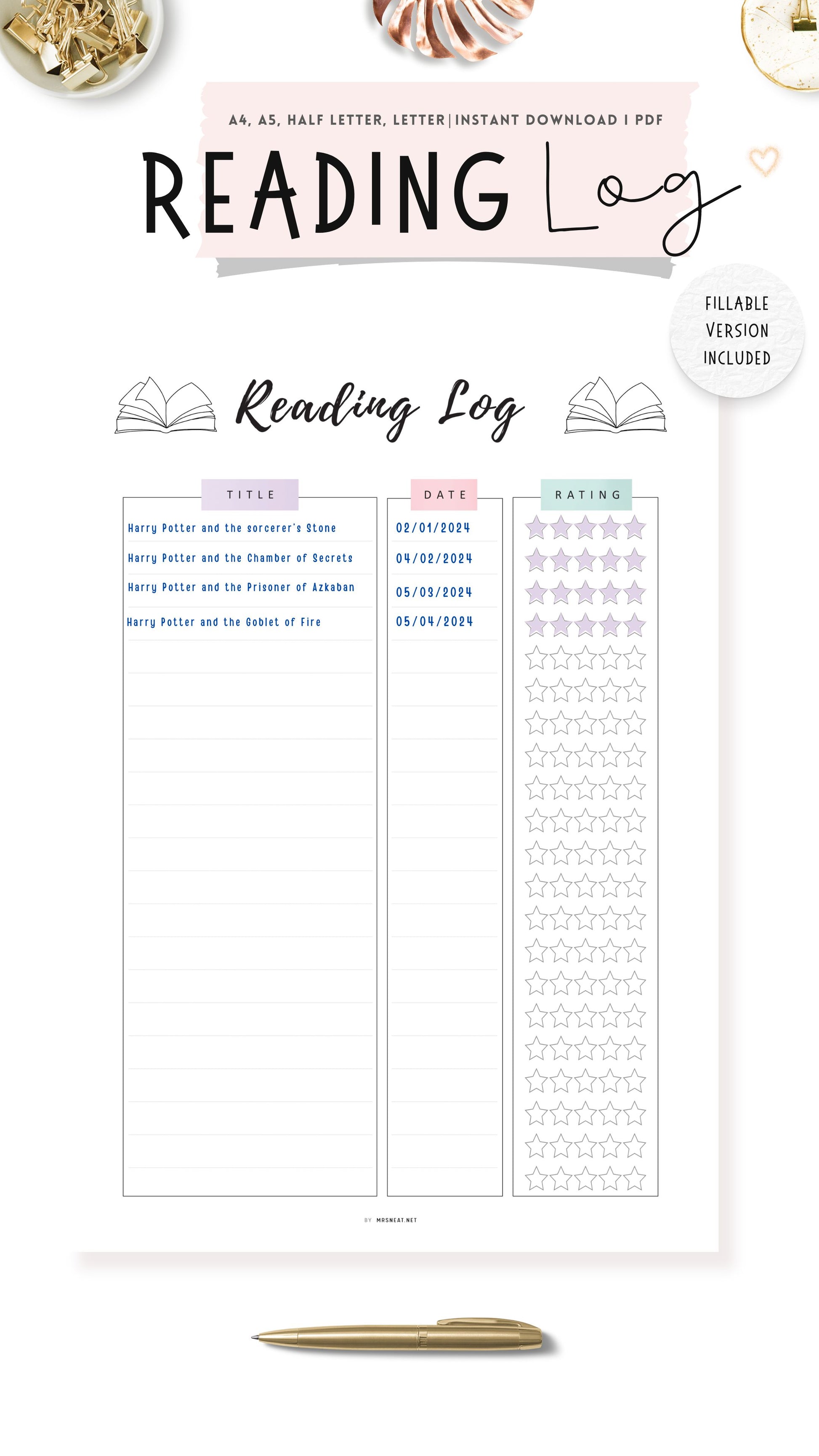 Reading Log Template Printable Vol.02, Colorful Page, A4, A5, Letter, Half Letter, Digital Planner, Fillable version PDF
