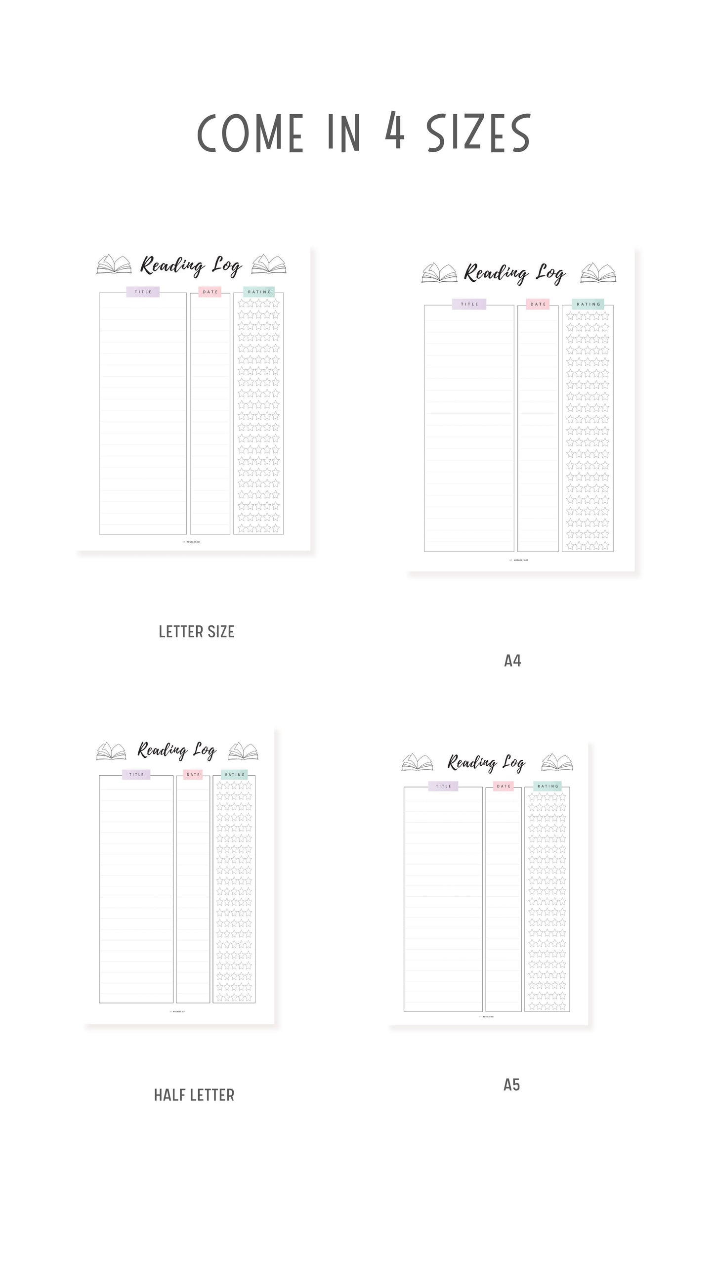 Reading Log Template Printable Vol.02, Colorful Page, A4, A5, Letter, Half Letter, Digital Planner, Fillable version PDF