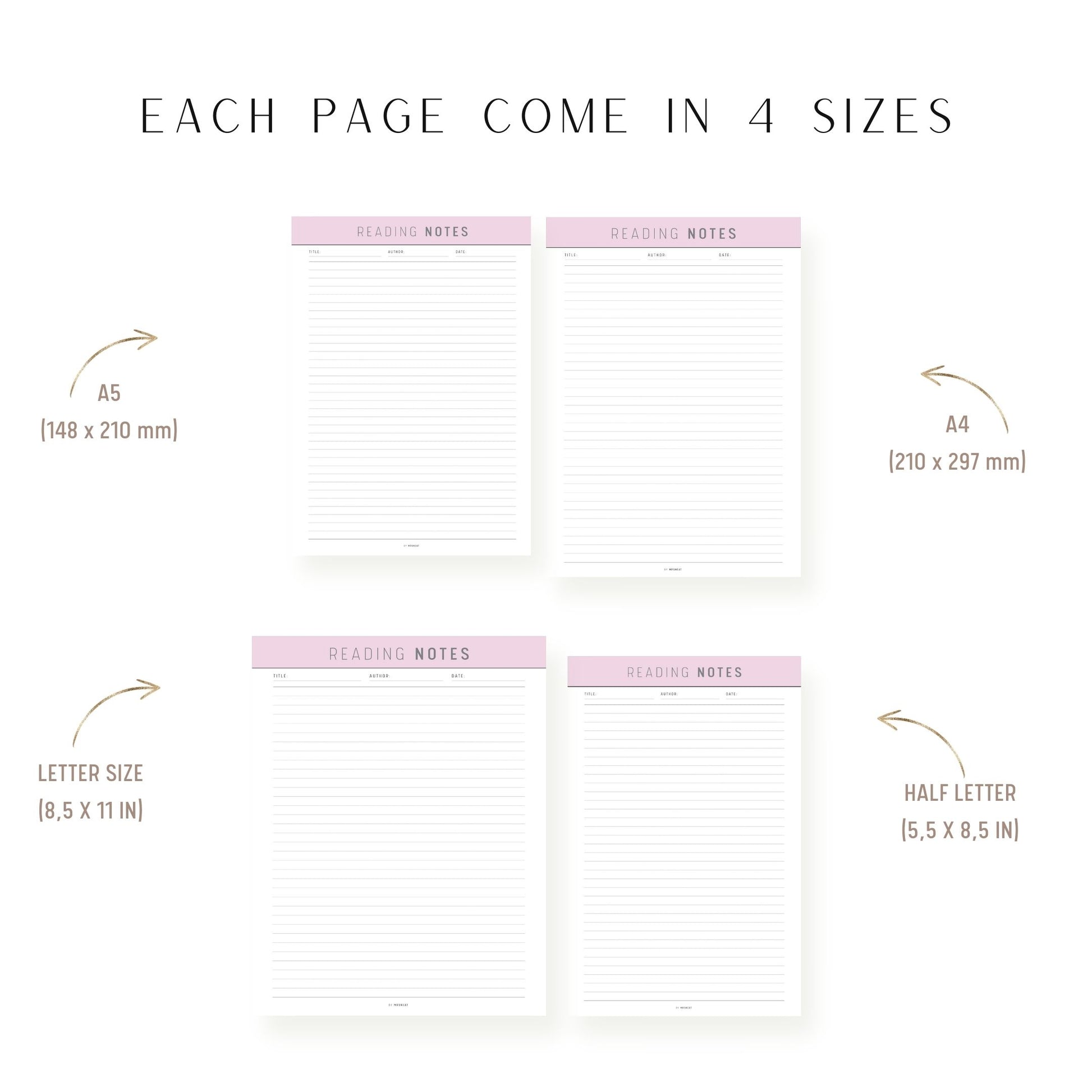 A4, A5, Letter, Half Letter Reading Notes Template Printable