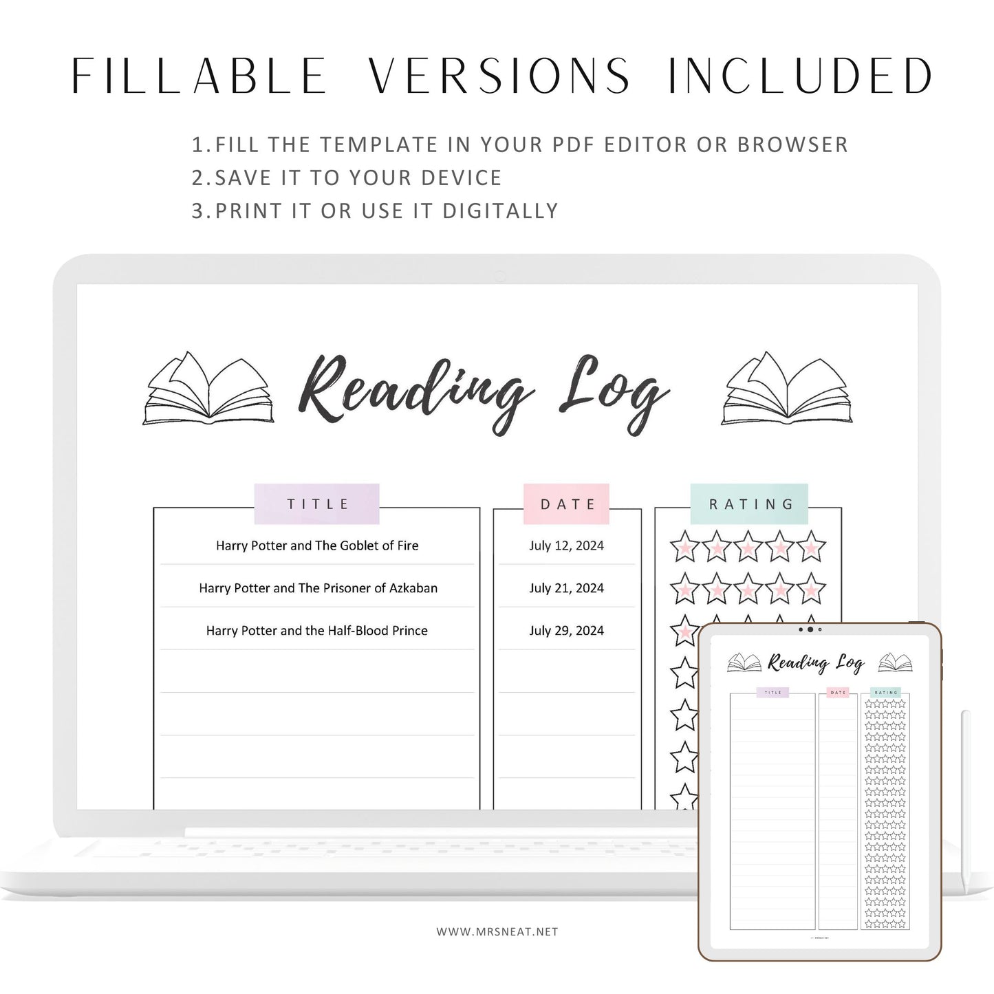 Reading Log Printable, Books To Read, TBR List, Fillable Reading Tracker, Book Log, Book I have read, A4, A5, Letter, Half Letter