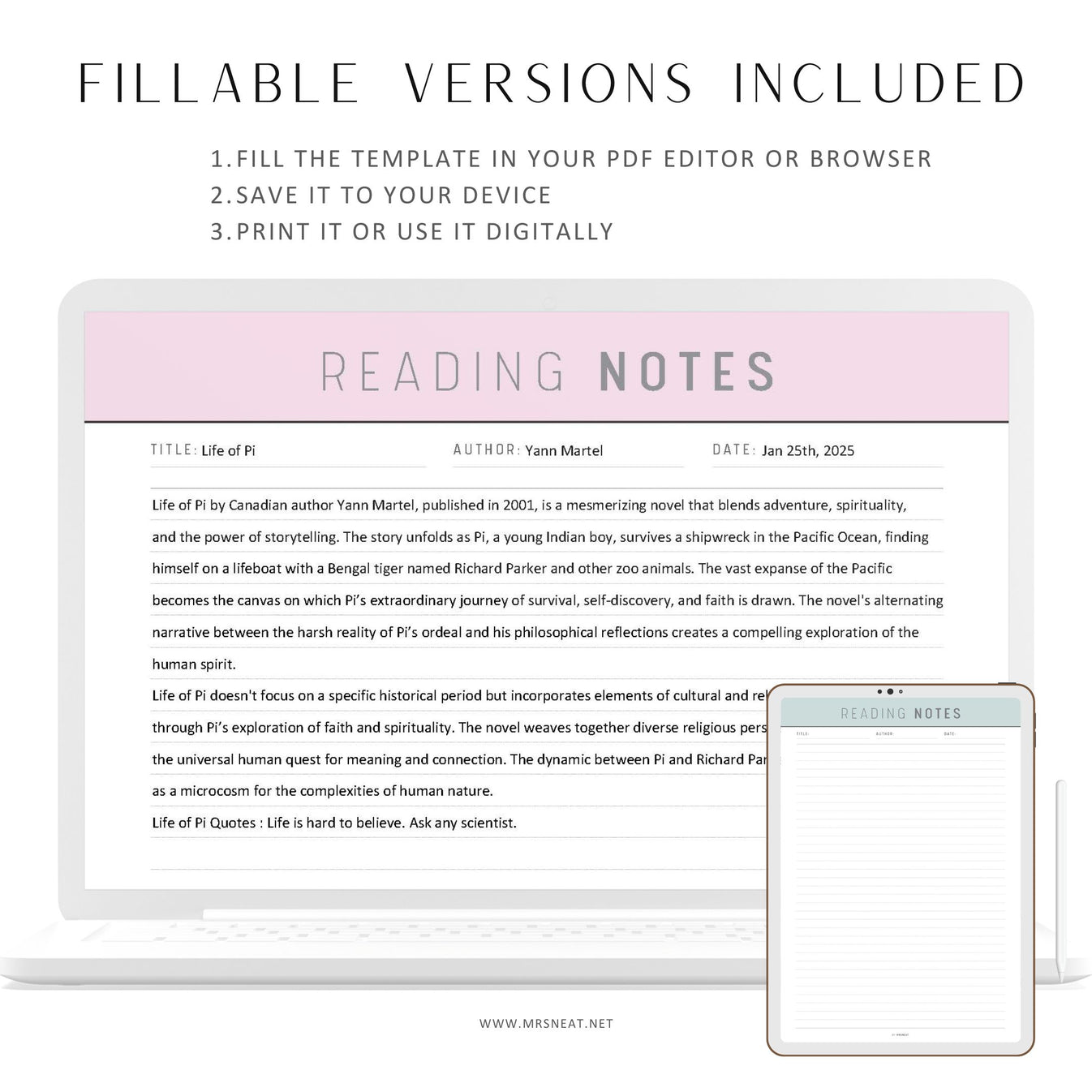 Reading Notes Template Printable - M231 β mrsneat