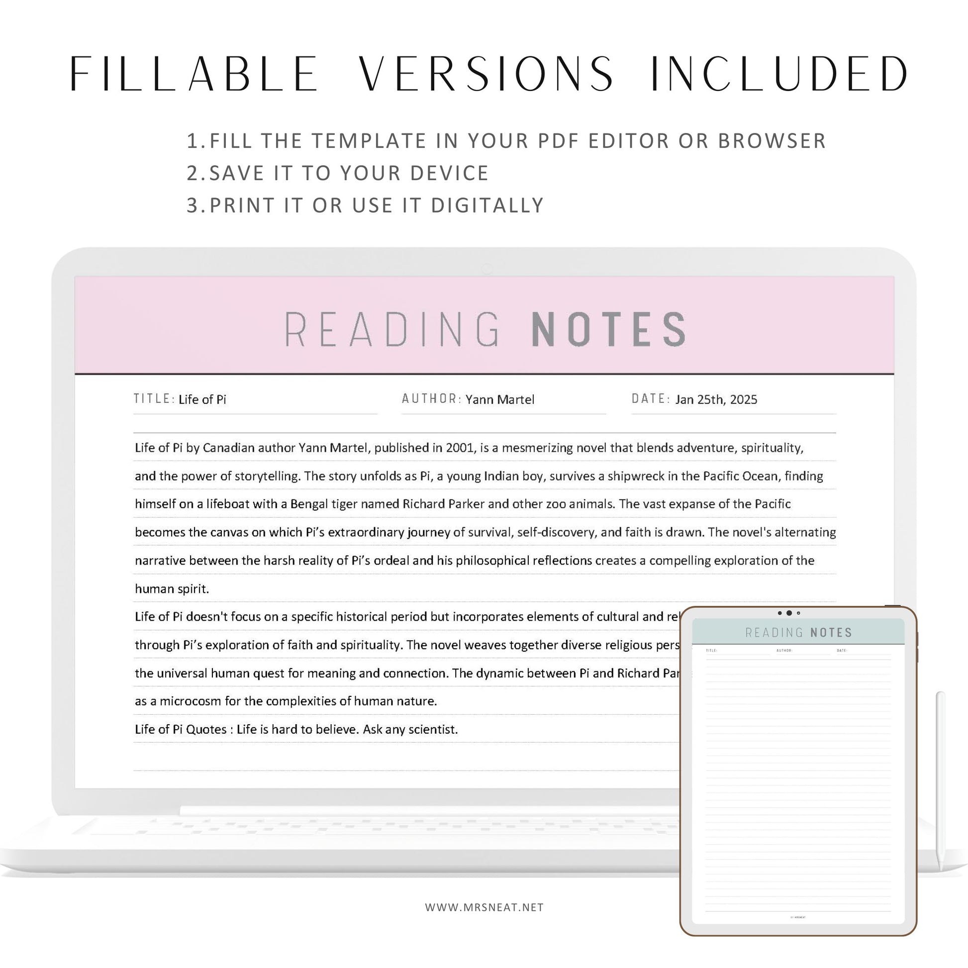 Fillable Reading Notes Template Printable, Reading Notes Pages, Pdf, A4, Letter, Half Letter, A5, 5 Colors