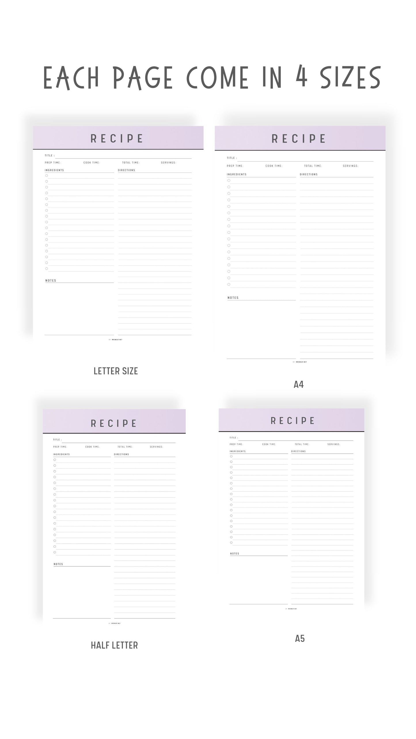 A4, A5, Letter Half, Letter Recipe Page Printable