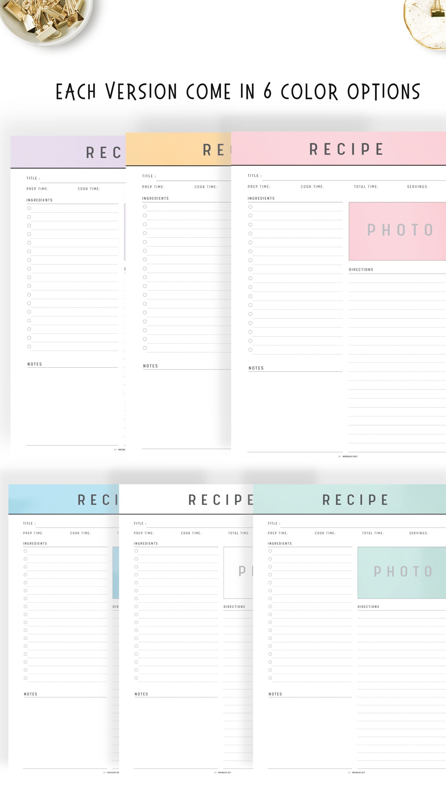 6 colors Recipe Page Printable