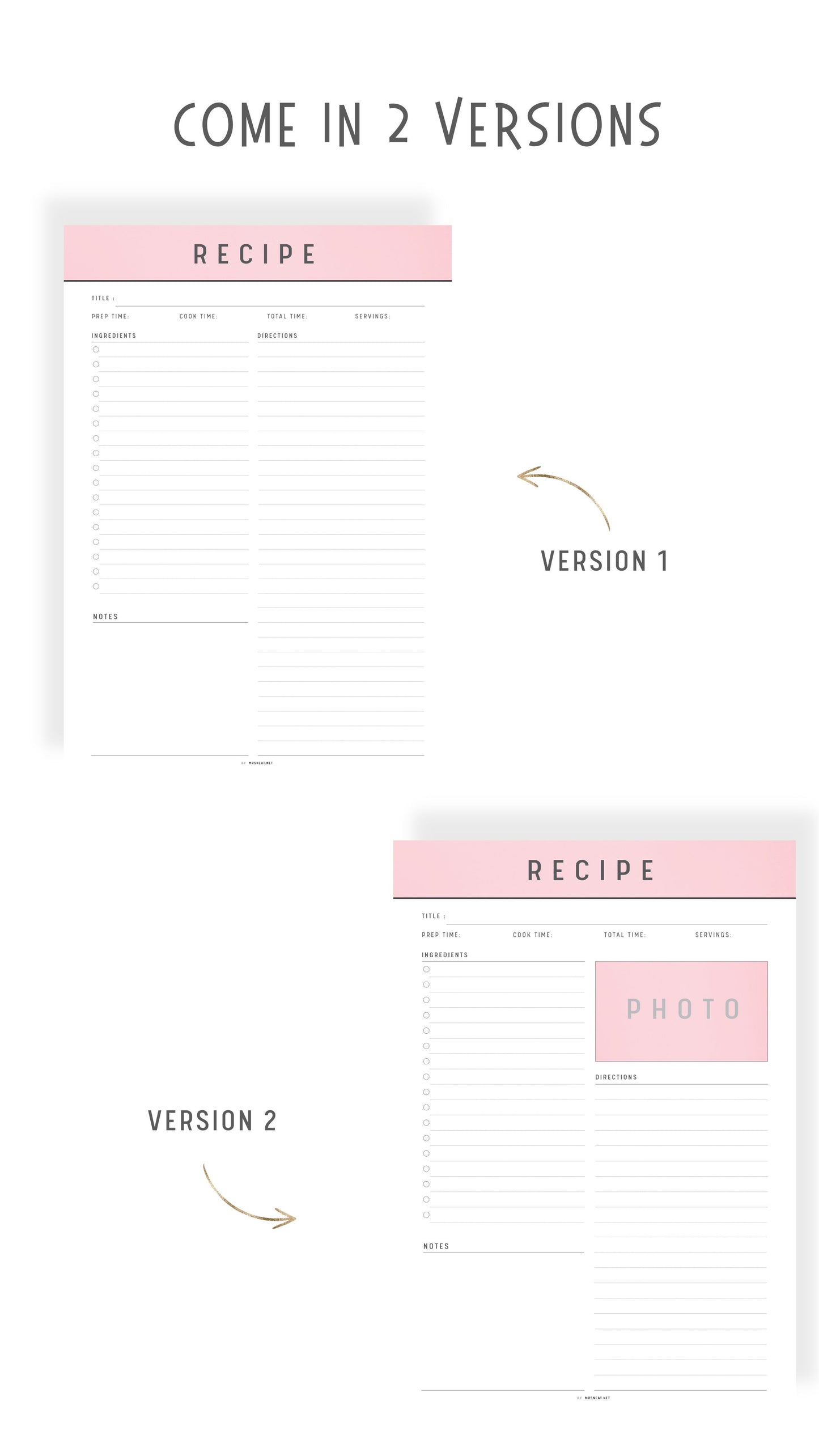 2 Versions Recipe Page Printable
