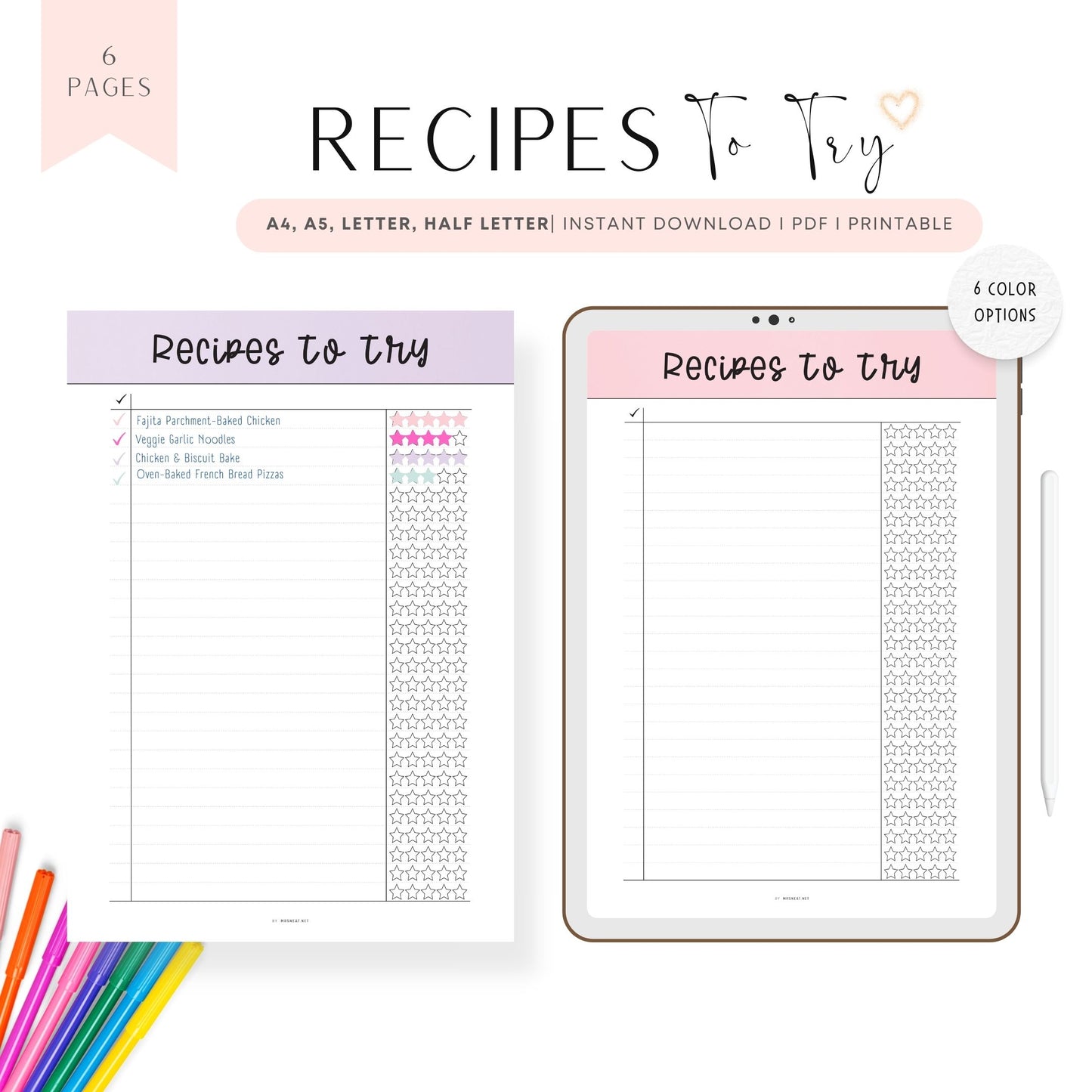Colorful Printable Recipes To Try Template